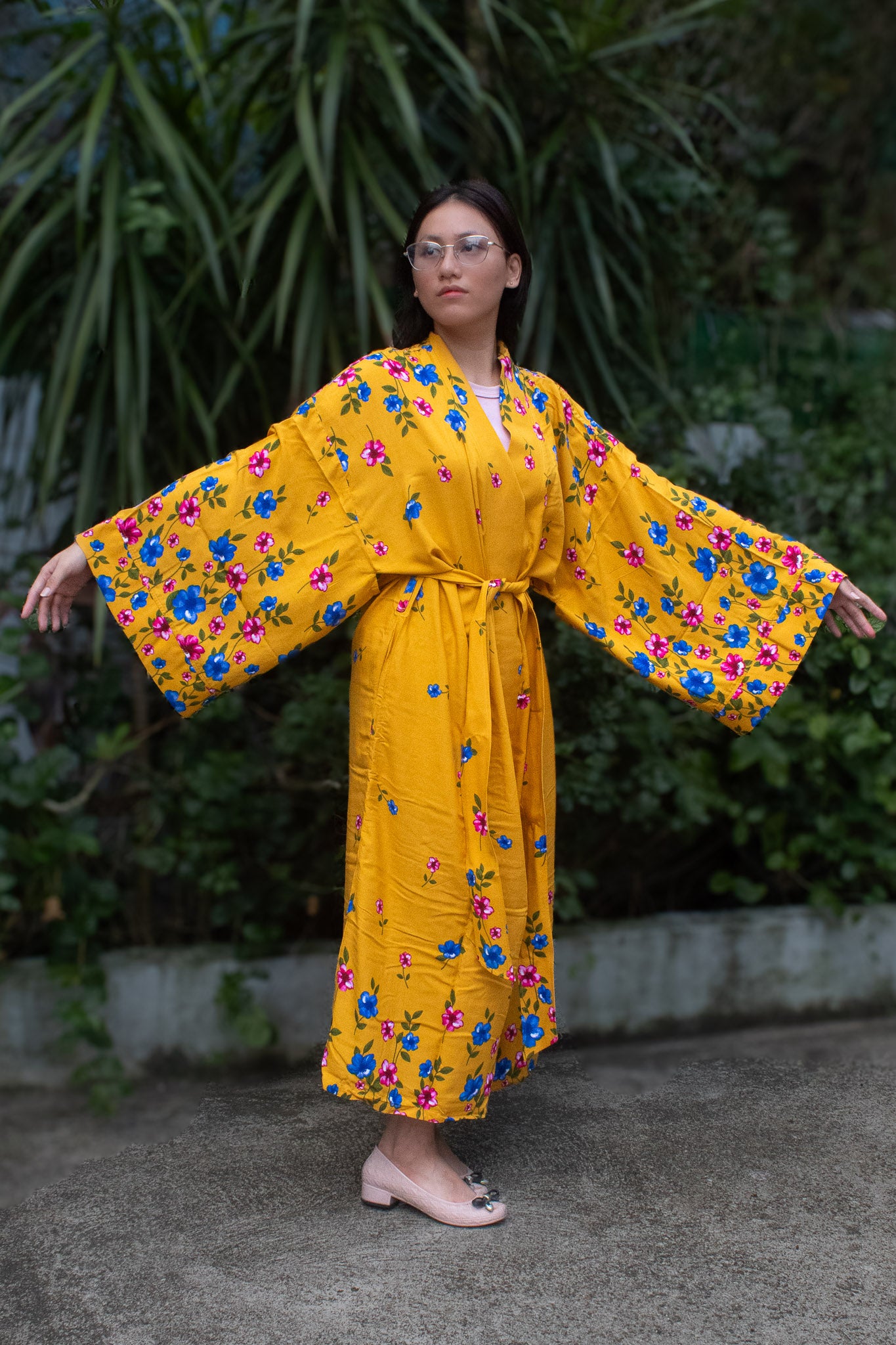 ✦ Golden Hibiscus (Oversized) – Long & Flowy Mustard Yellow Cotton Kimono with Colorful Floral Print