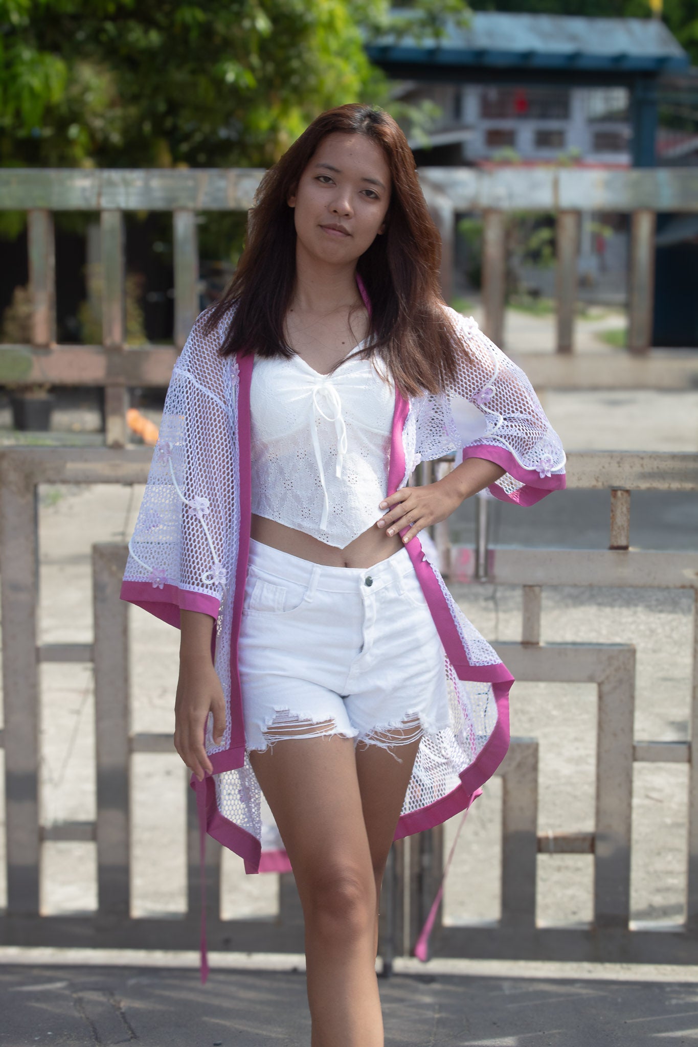 ✦ Midsummer Veil – Airy Open-Weave Mesh Kimono with Floral Design, Old Rose Trim, Flower & Rope Embellishments