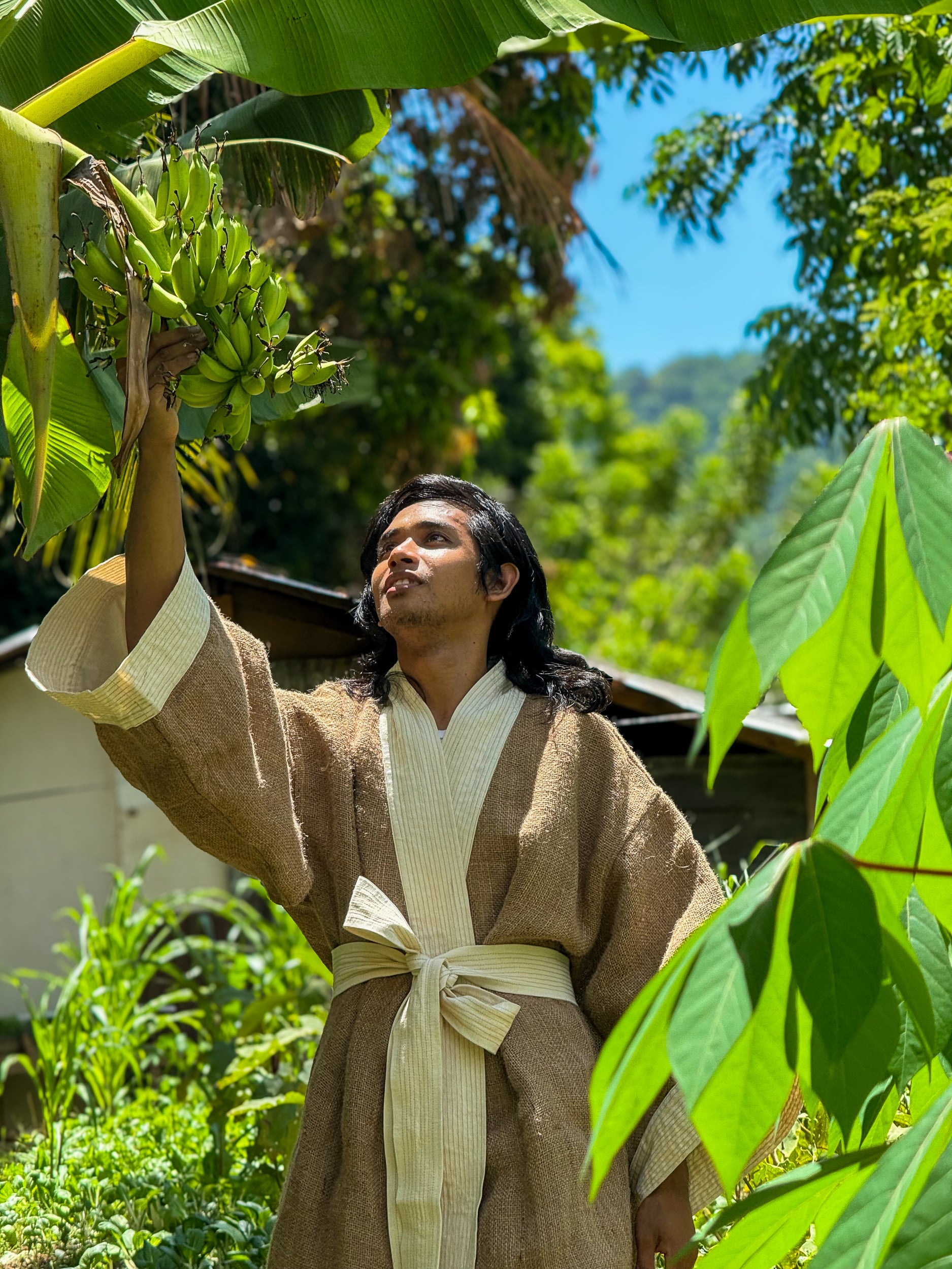 ✦ Carabao Joy - Wide Jute Kimono with Linen Lining and Hand-Embroidered Artwork