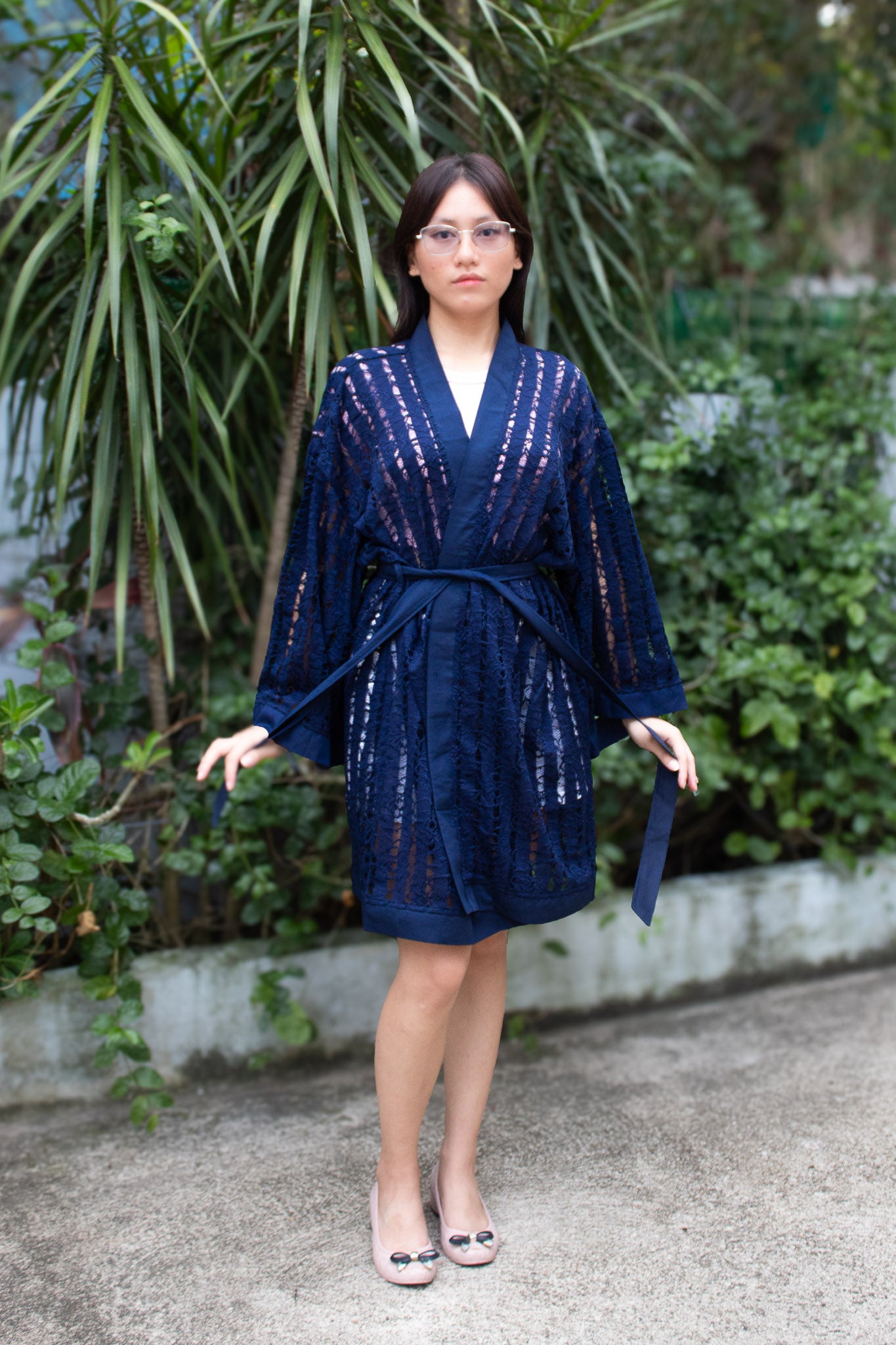 ✦ Midnight Starlight – Sheer Navy Lace Kimono with Navy Blue Trim