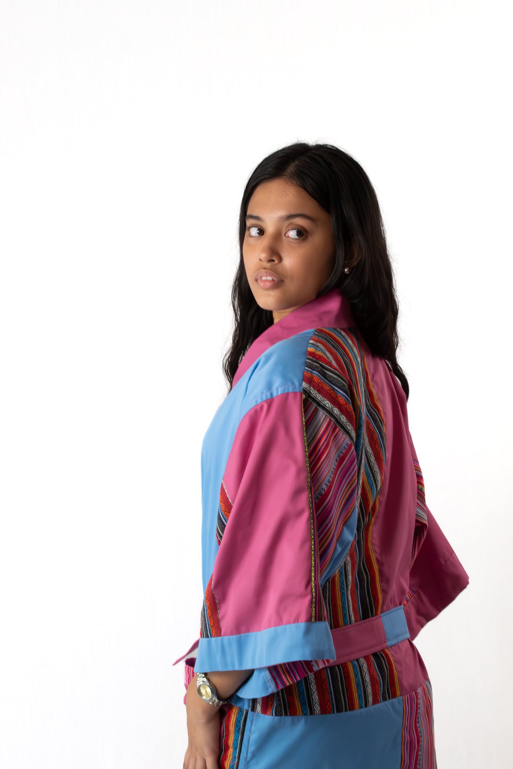 ✦ Isla Moonrise - Süßer rosa-blauer Ethno-Kimono mit Außentaschen