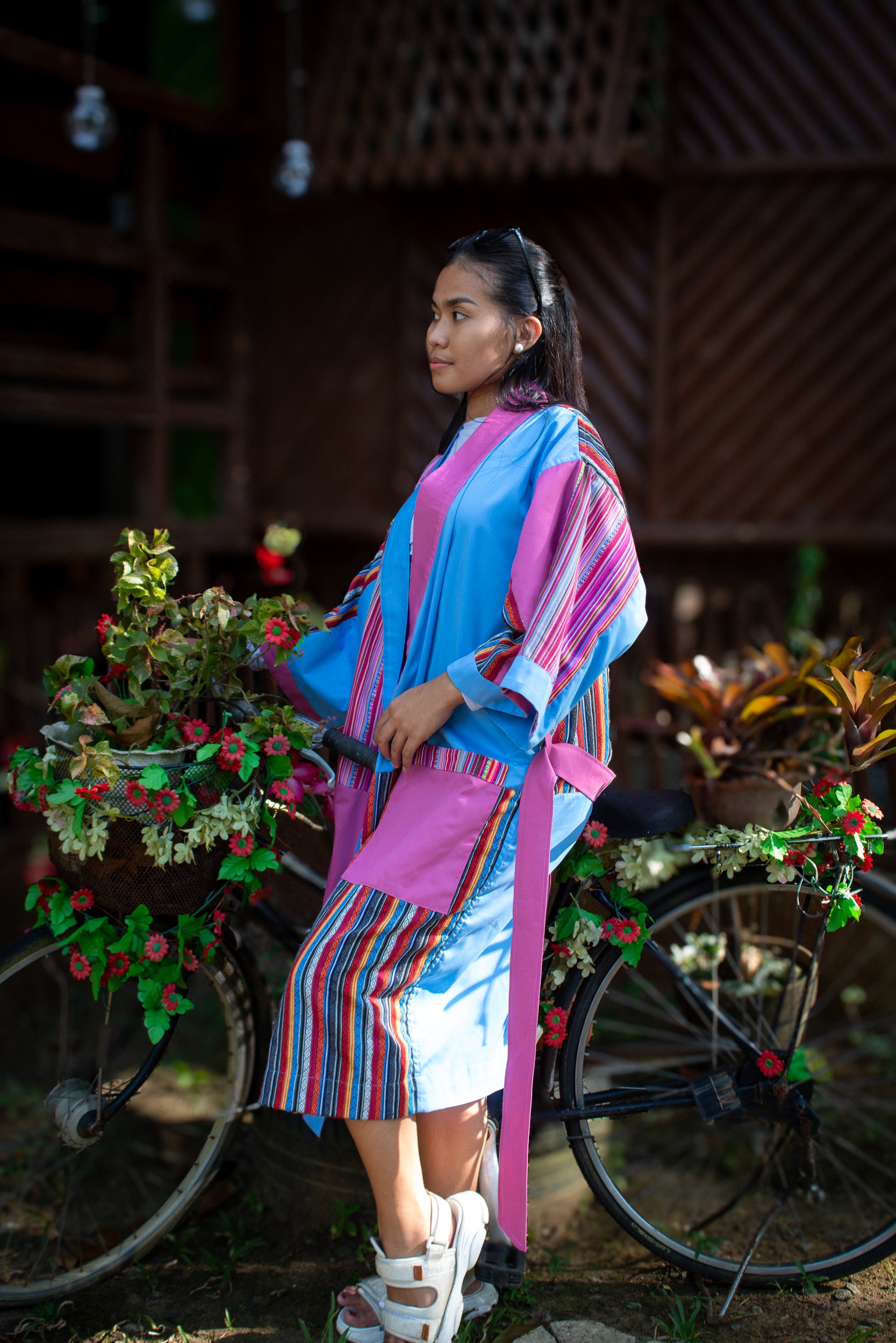 ✦ Isla Moonrise - Süßer rosa-blauer Ethno-Kimono mit Außentaschen