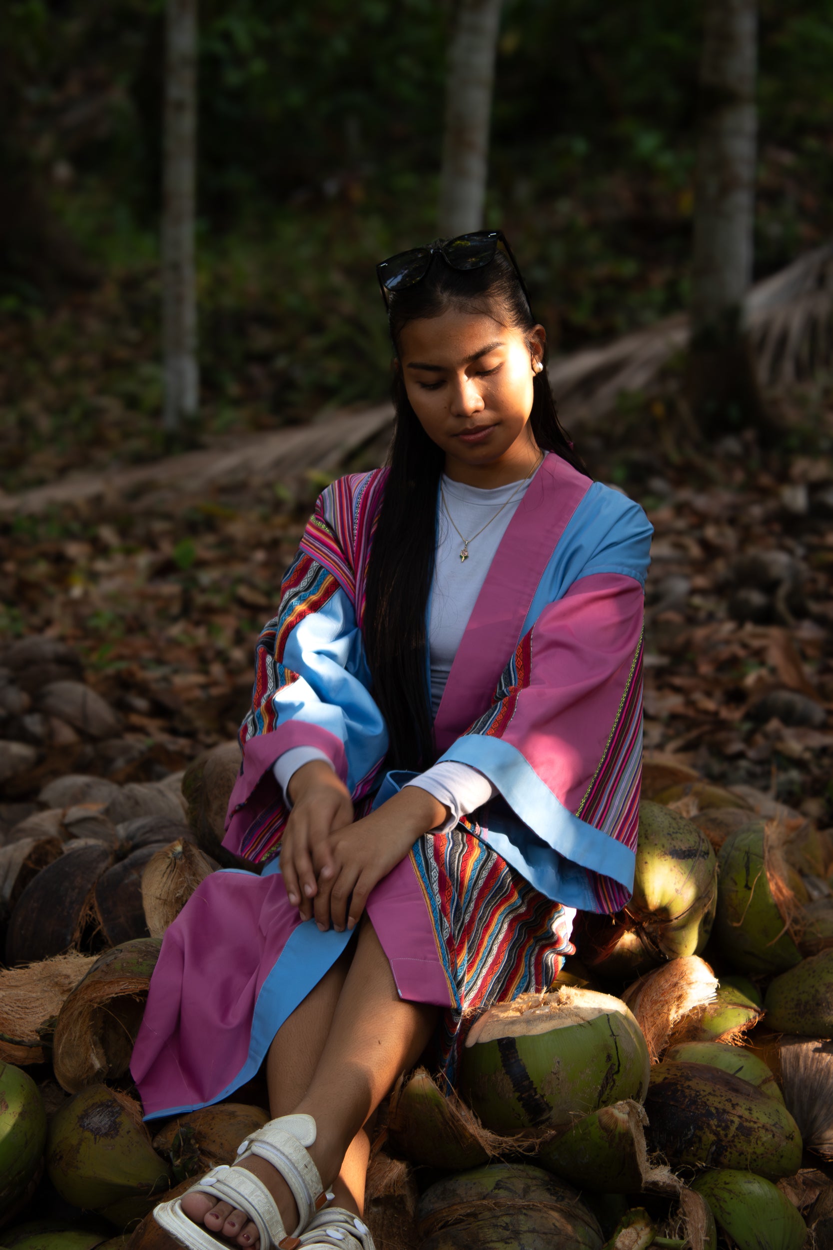 ✦ Isla Moonrise - Süßer rosa-blauer Ethno-Kimono mit Außentaschen