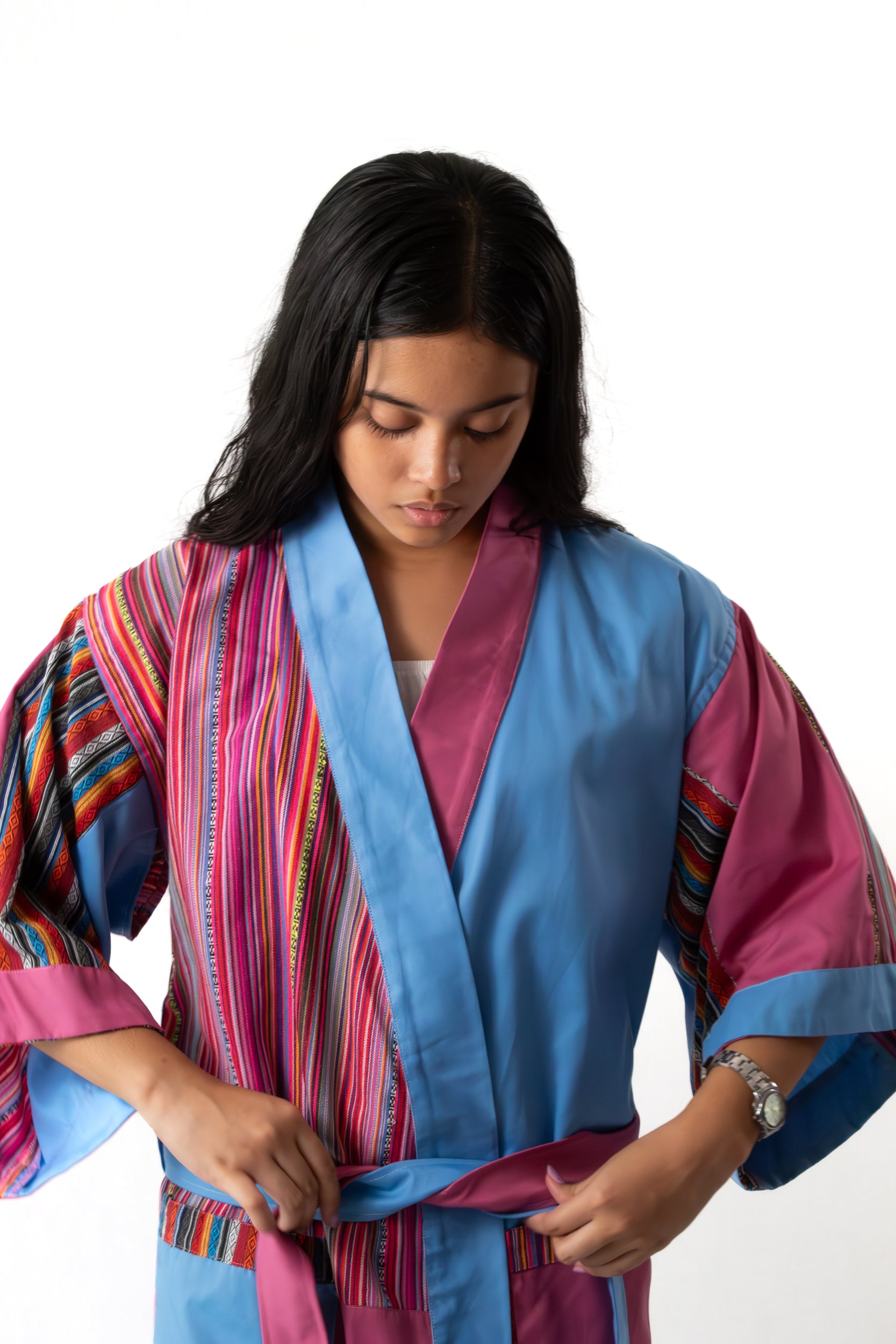 ✦ Isla Moonrise - Süßer rosa-blauer Ethno-Kimono mit Außentaschen