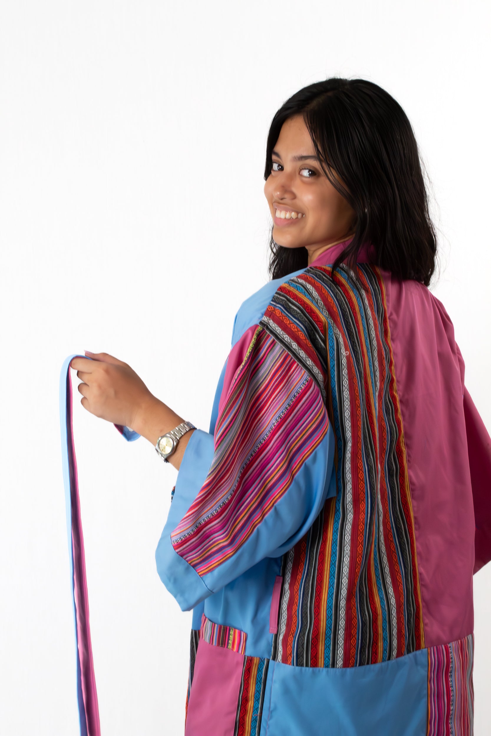 ✦ Isla Moonrise - Süßer rosa-blauer Ethno-Kimono mit Außentaschen