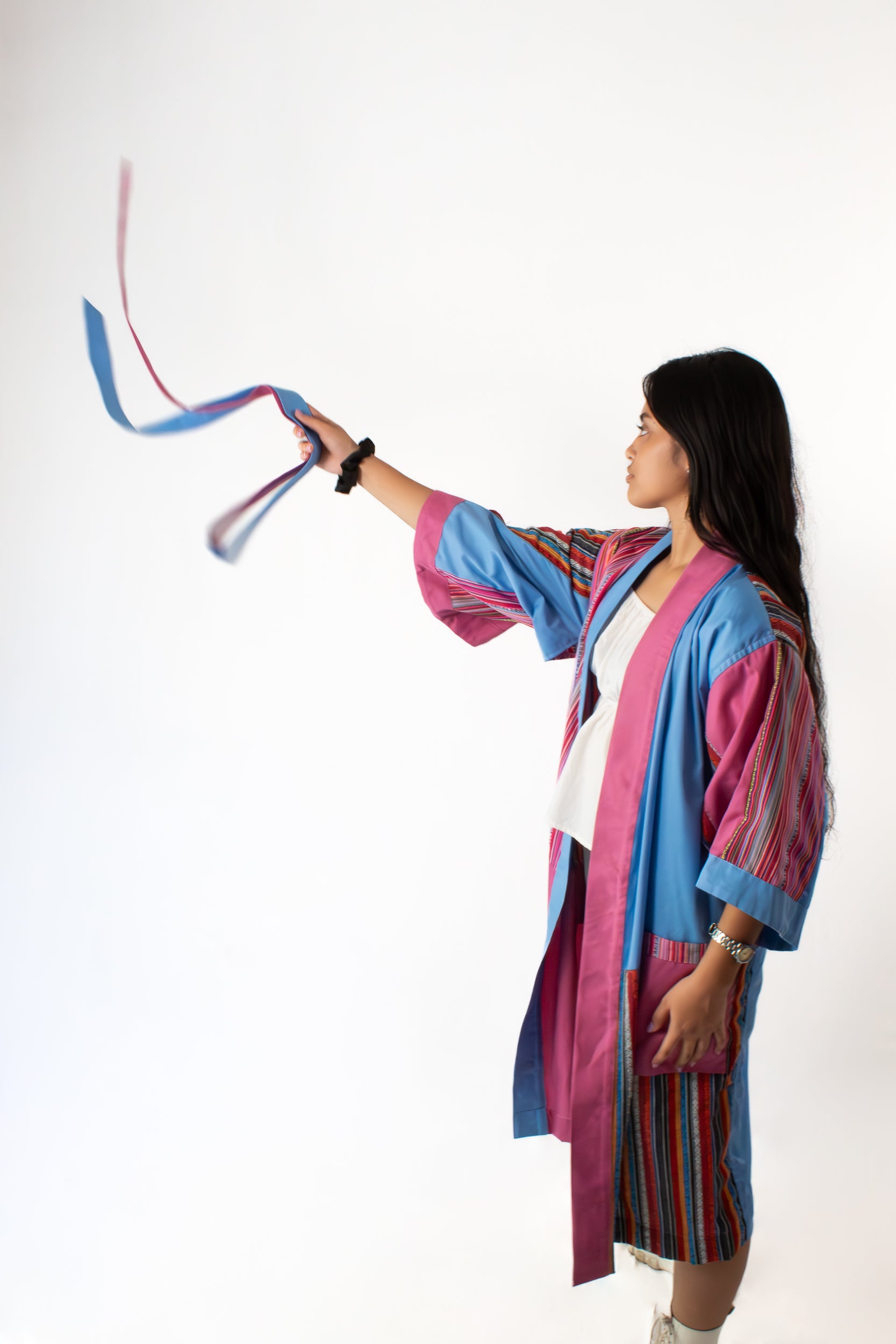 ✦ Isla Moonrise - Süßer rosa-blauer Ethno-Kimono mit Außentaschen