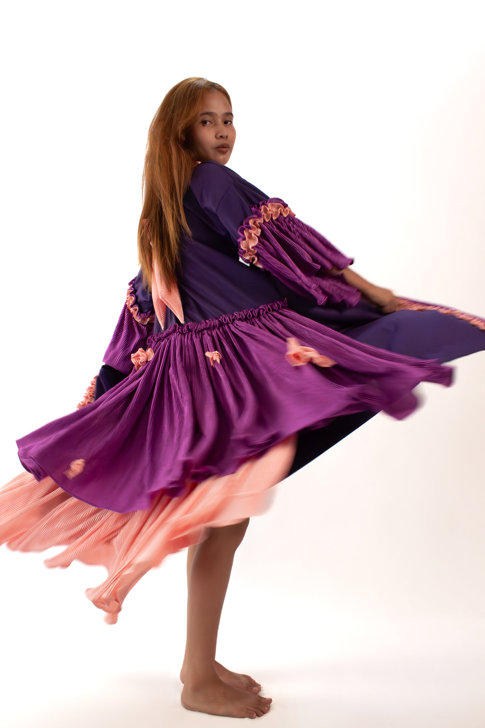 ✦ The Fairy’s Dance - Purple Plated Kimono Dress with Bowties and Multiple Layers