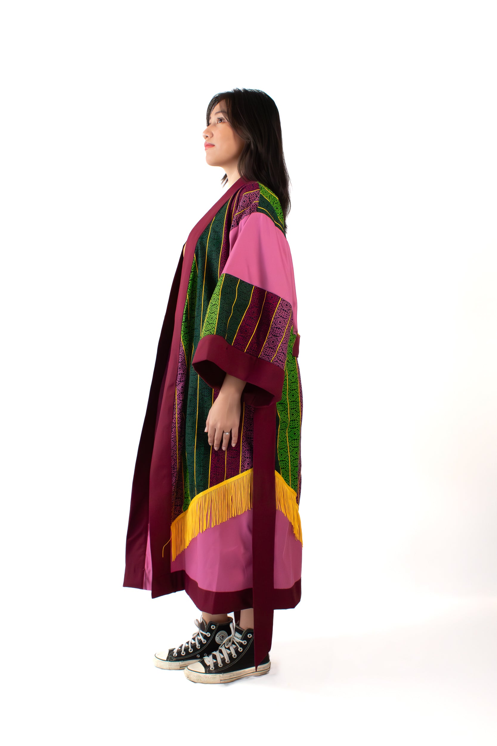 ✦ Golden Passage - Ethnic Malong & Old Rose Artistic Kimono with Tassel