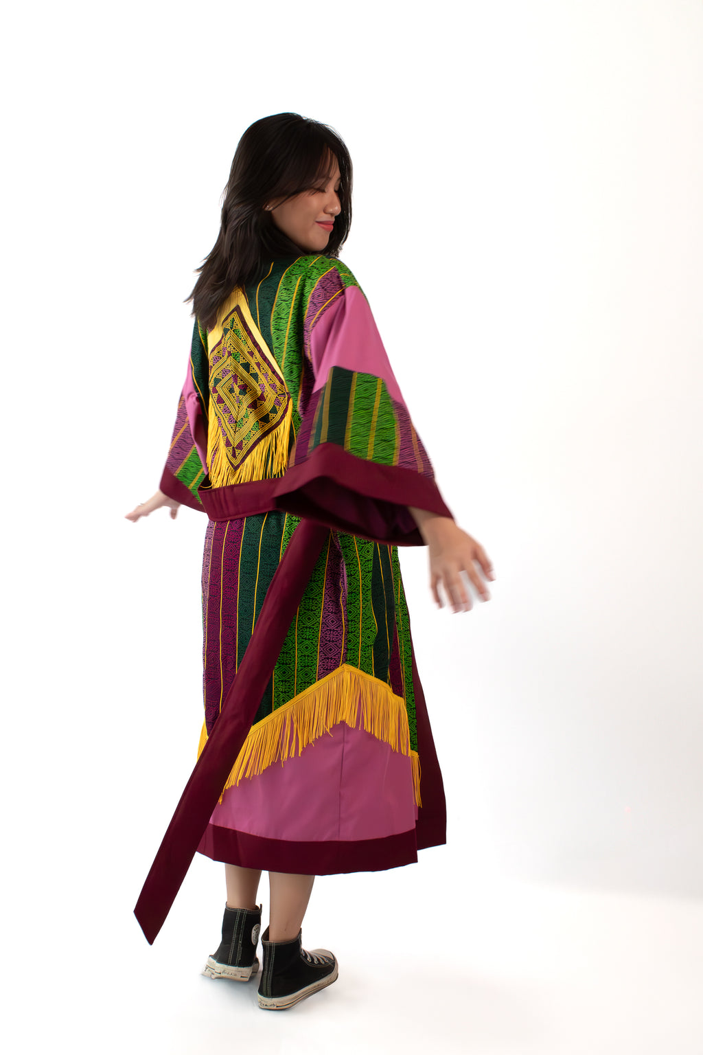 ✦ Golden Passage - Ethnischer Malong &amp; Altrosa Künstlerischer Kimono mit Quaste