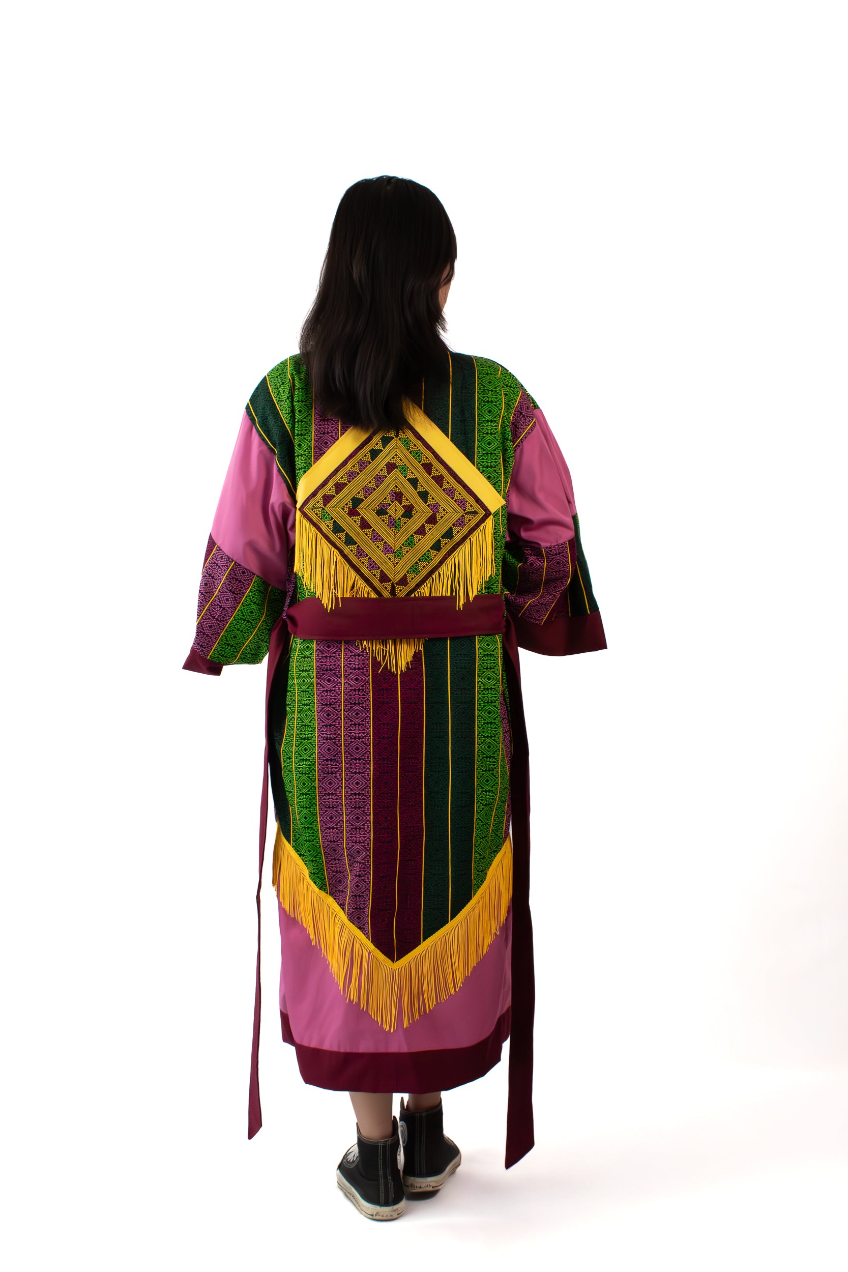 ✦ Golden Passage - Ethnic Malong & Old Rose Artistic Kimono with Tassel