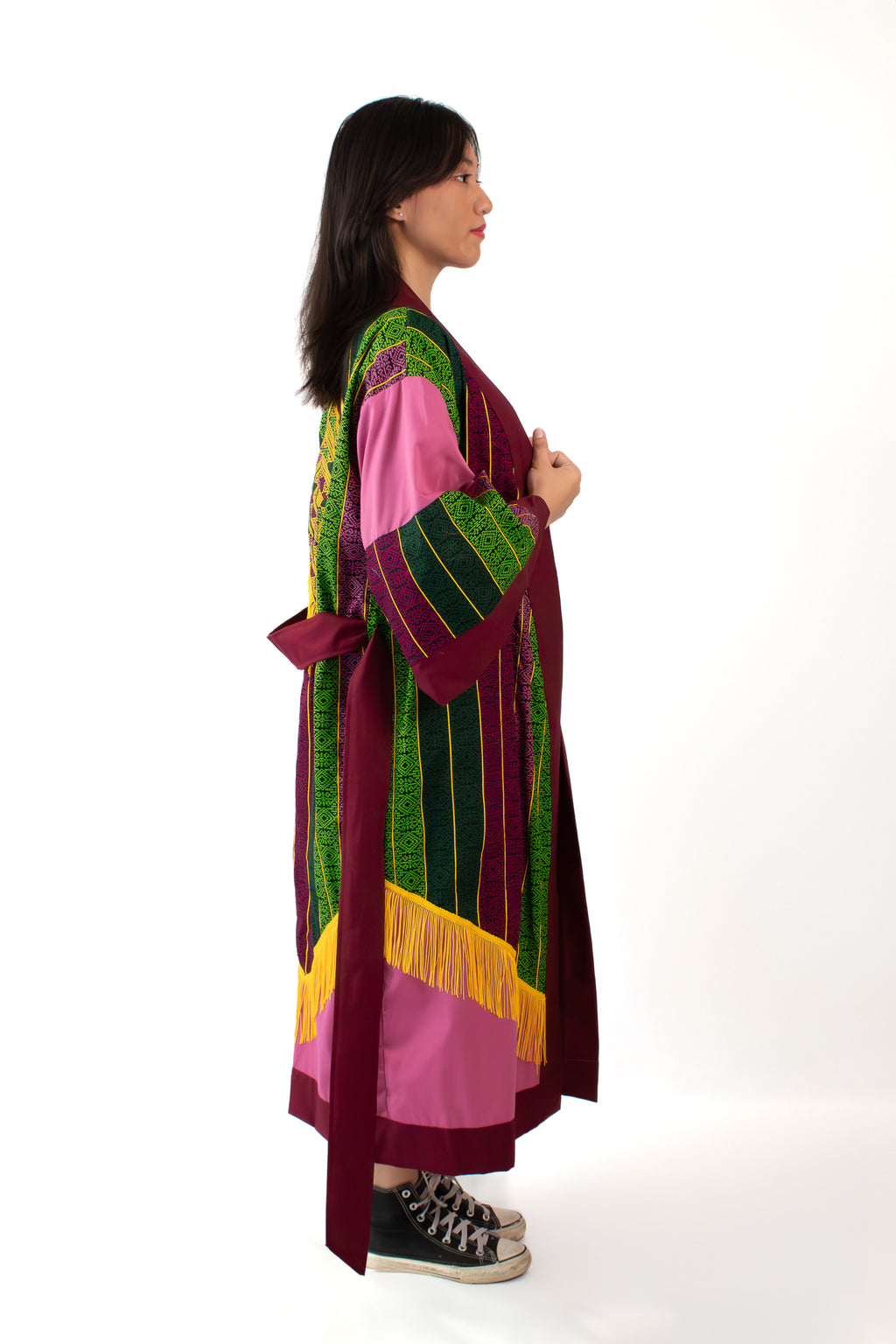 ✦ Golden Passage - Ethnischer Malong &amp; Altrosa Künstlerischer Kimono mit Quaste