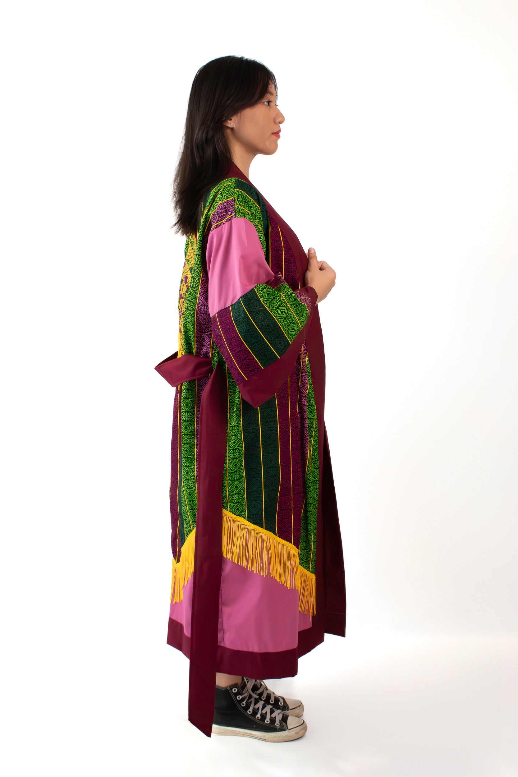 ✦ Golden Passage - Ethnic Malong & Old Rose Artistic Kimono with Tassel