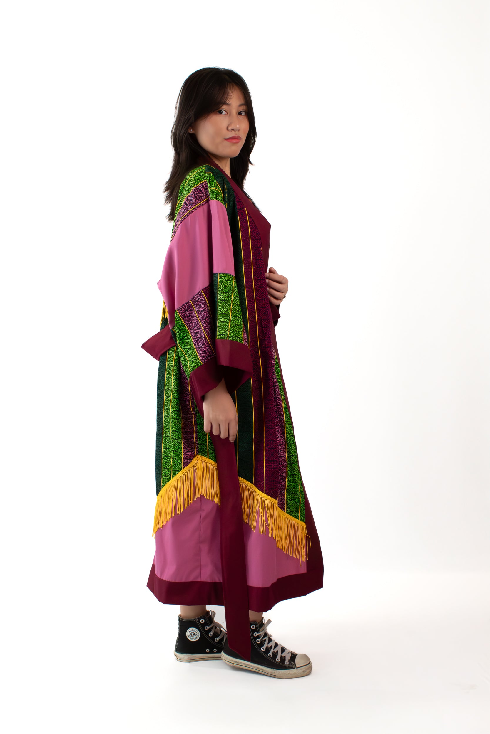 ✦ Golden Passage - Ethnic Malong & Old Rose Artistic Kimono with Tassel