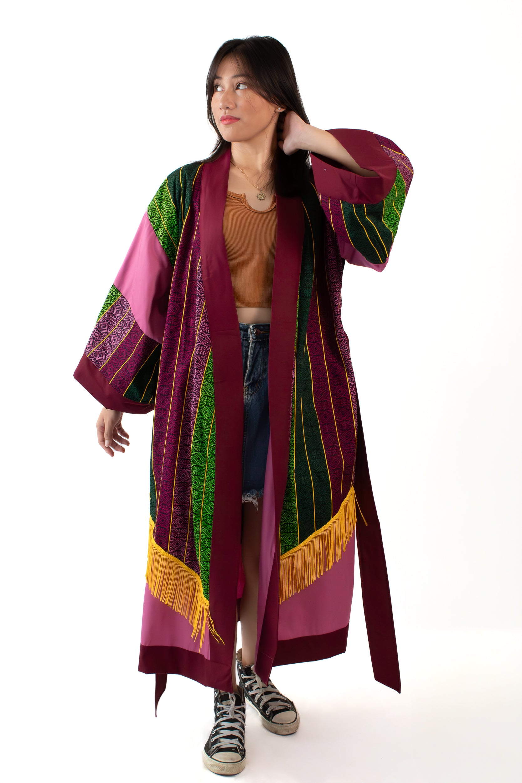 ✦ Golden Passage - Ethnic Malong & Old Rose Artistic Kimono with Tassel