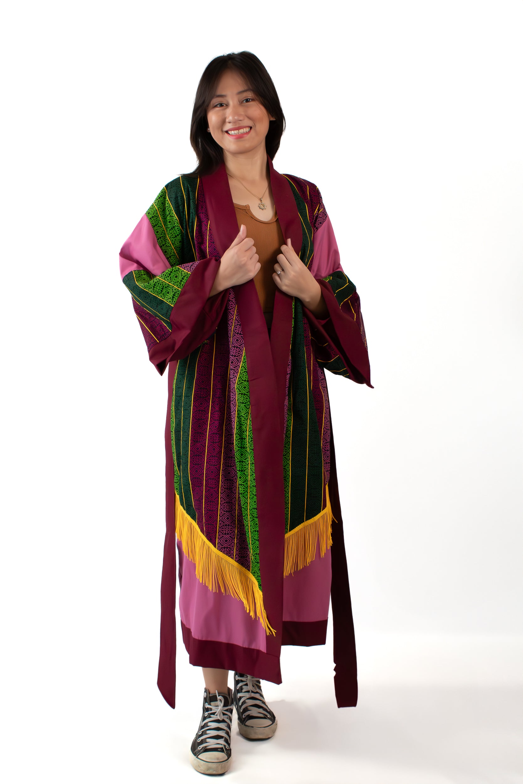 ✦ Golden Passage - Ethnic Malong & Old Rose Artistic Kimono with Tassel