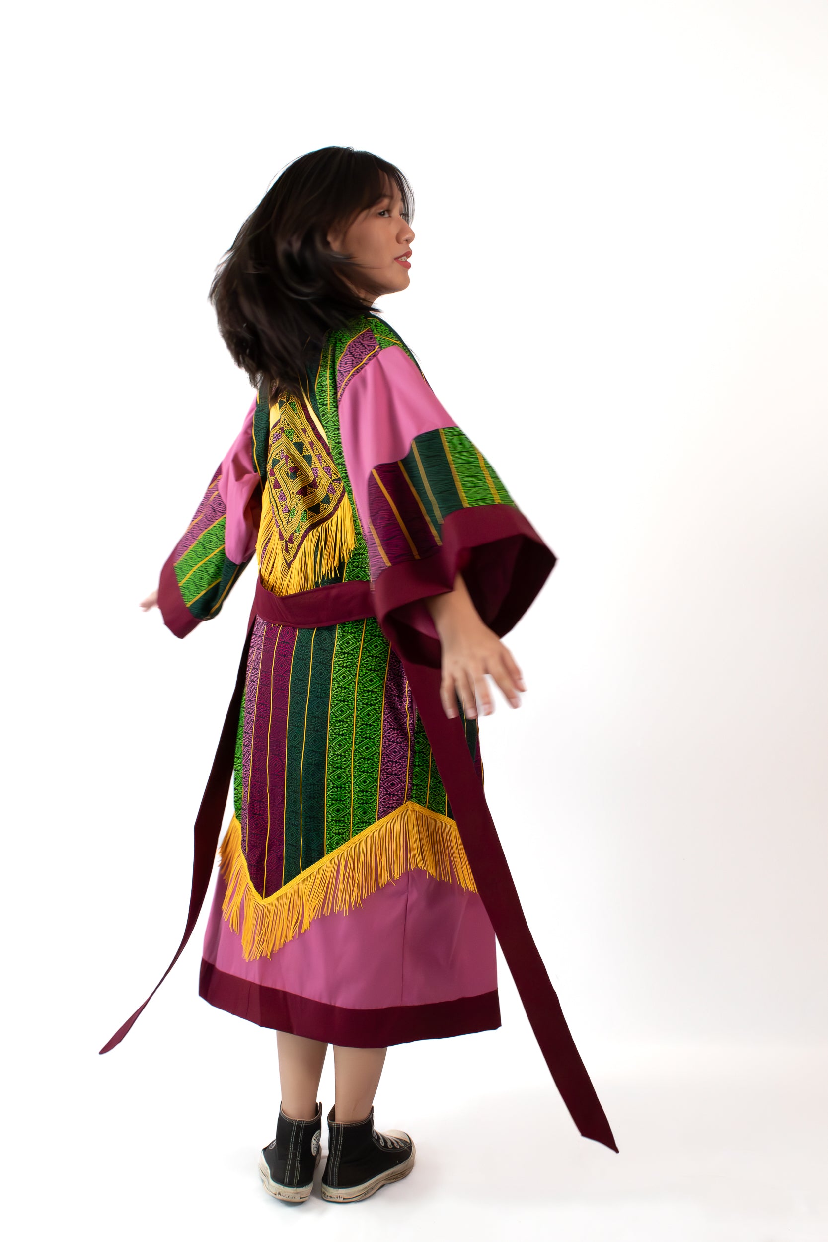 ✦ Golden Passage - Ethnic Malong & Old Rose Artistic Kimono with Tassel