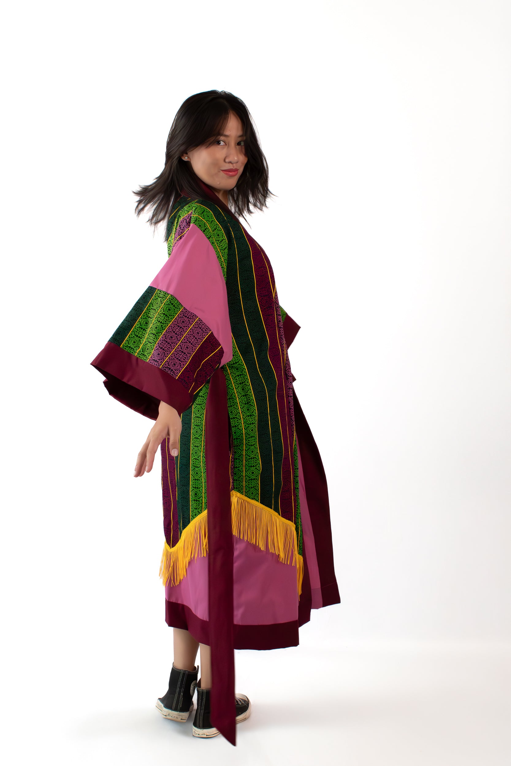 ✦ Golden Passage - Ethnic Malong & Old Rose Artistic Kimono with Tassel