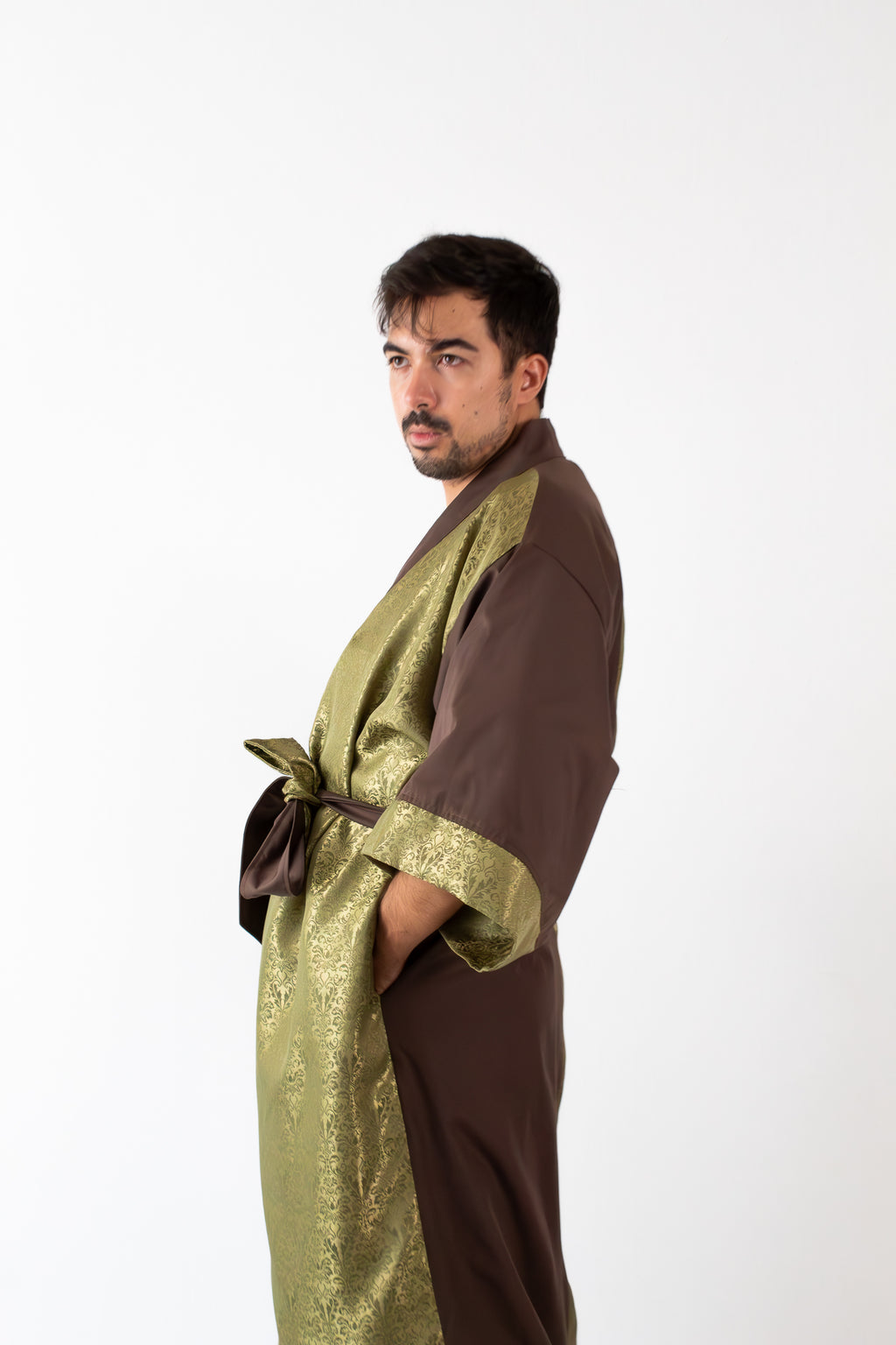 ✦ Root & Leaf - Brown and Shiny Olive Two-Toned Kimono with intricate Jacquard Pattern