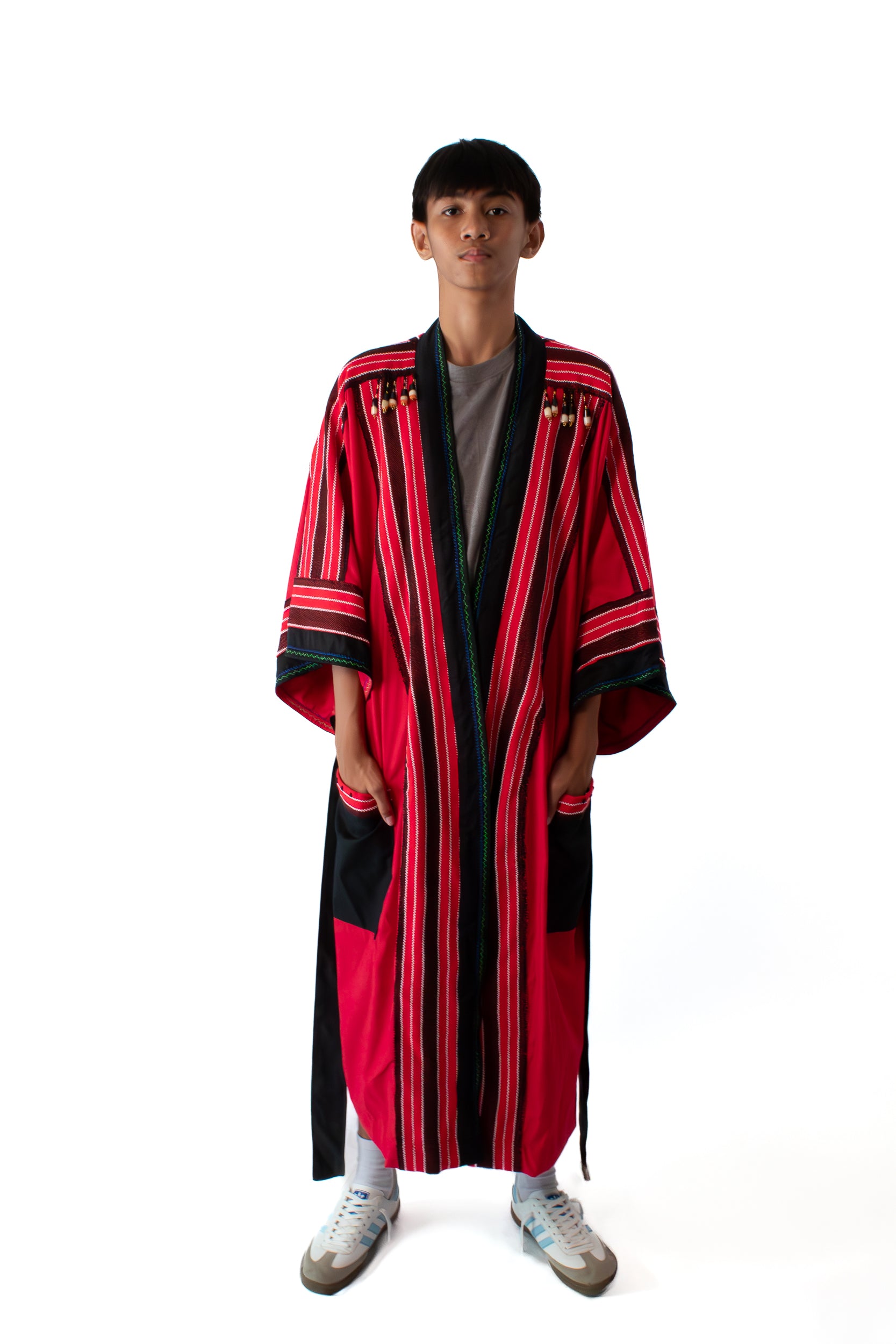 ✦ Kalinga Spirits - Red & Black Kimono featuring Authentic Hand-Woven Fabric, Beads and Hand-Embroidery