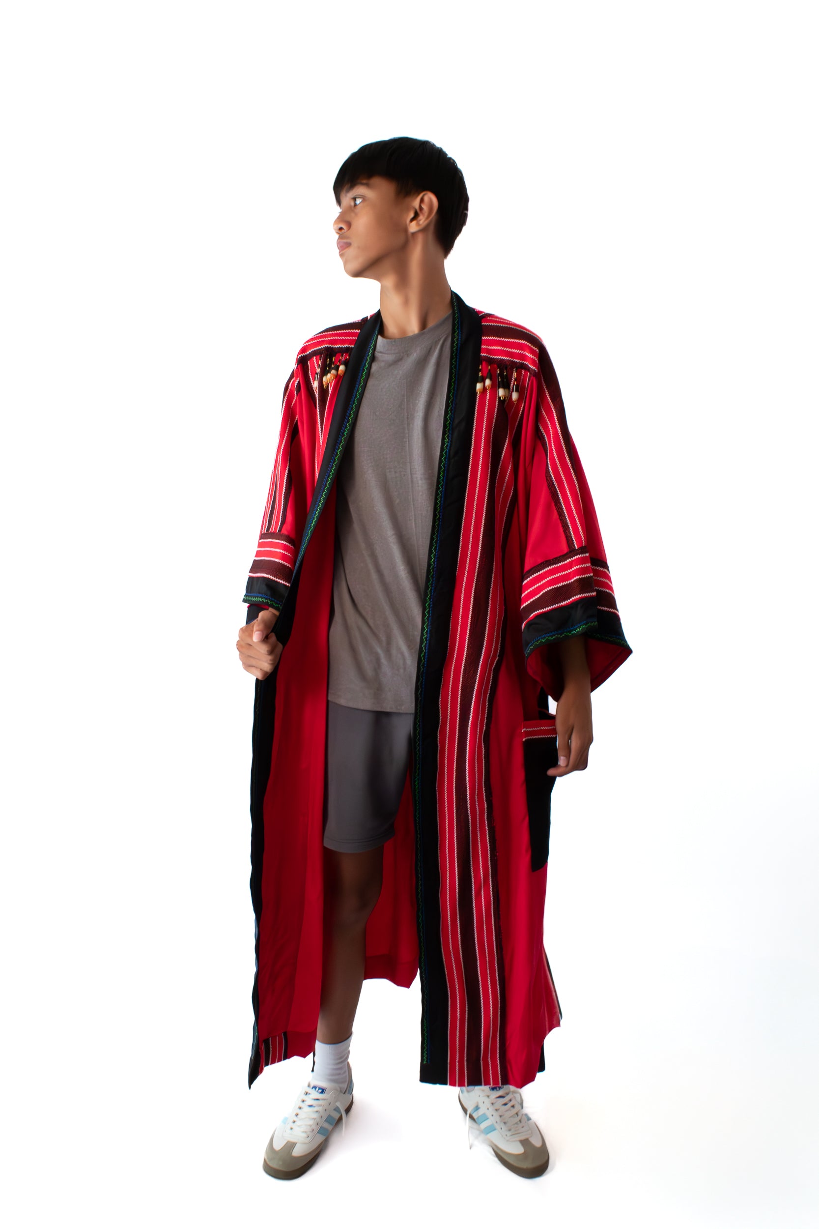 ✦ Kalinga Spirits - Red & Black Kimono featuring Authentic Hand-Woven Fabric, Beads and Hand-Embroidery