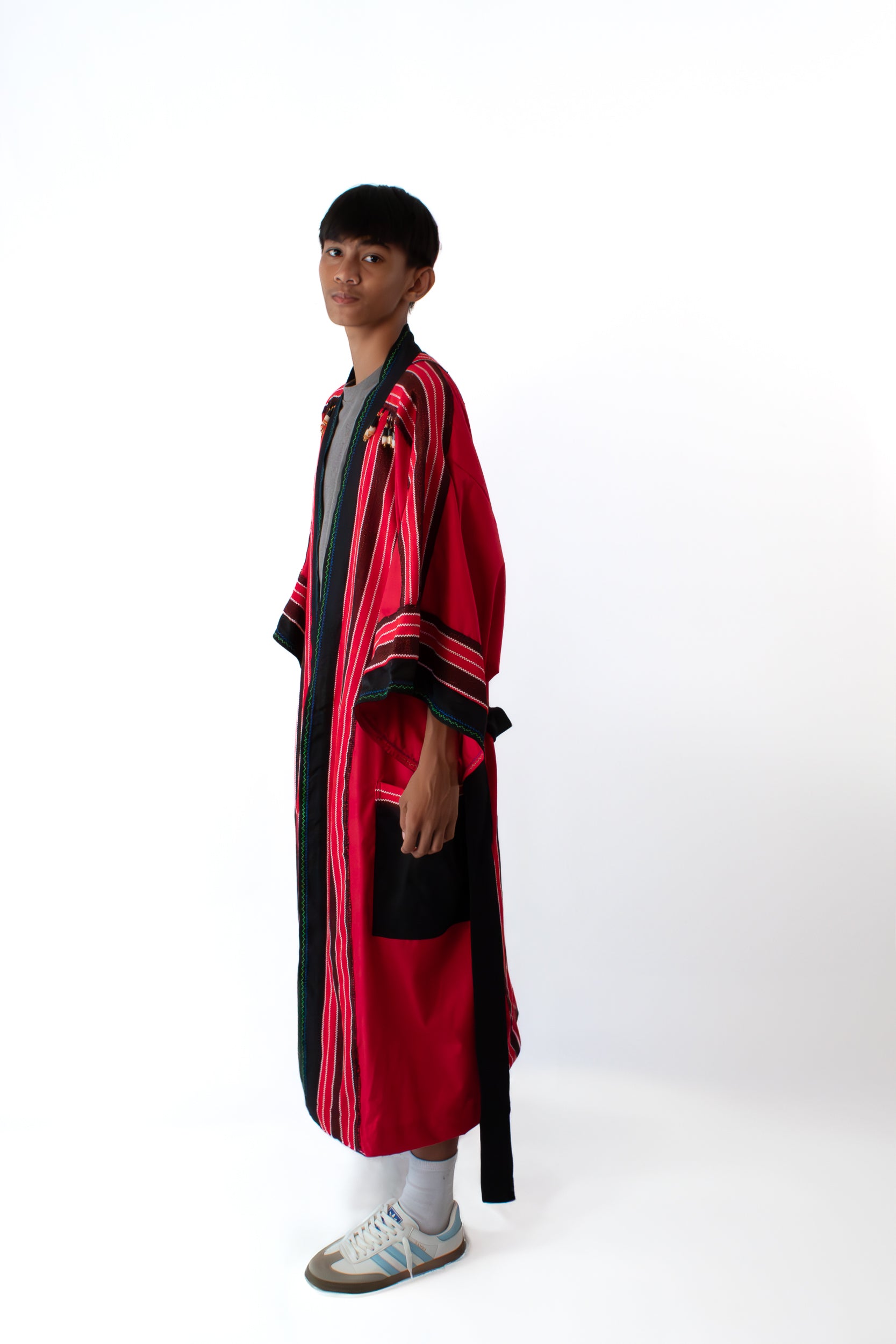 ✦ Kalinga Spirits - Red & Black Kimono featuring Authentic Hand-Woven Fabric, Beads and Hand-Embroidery