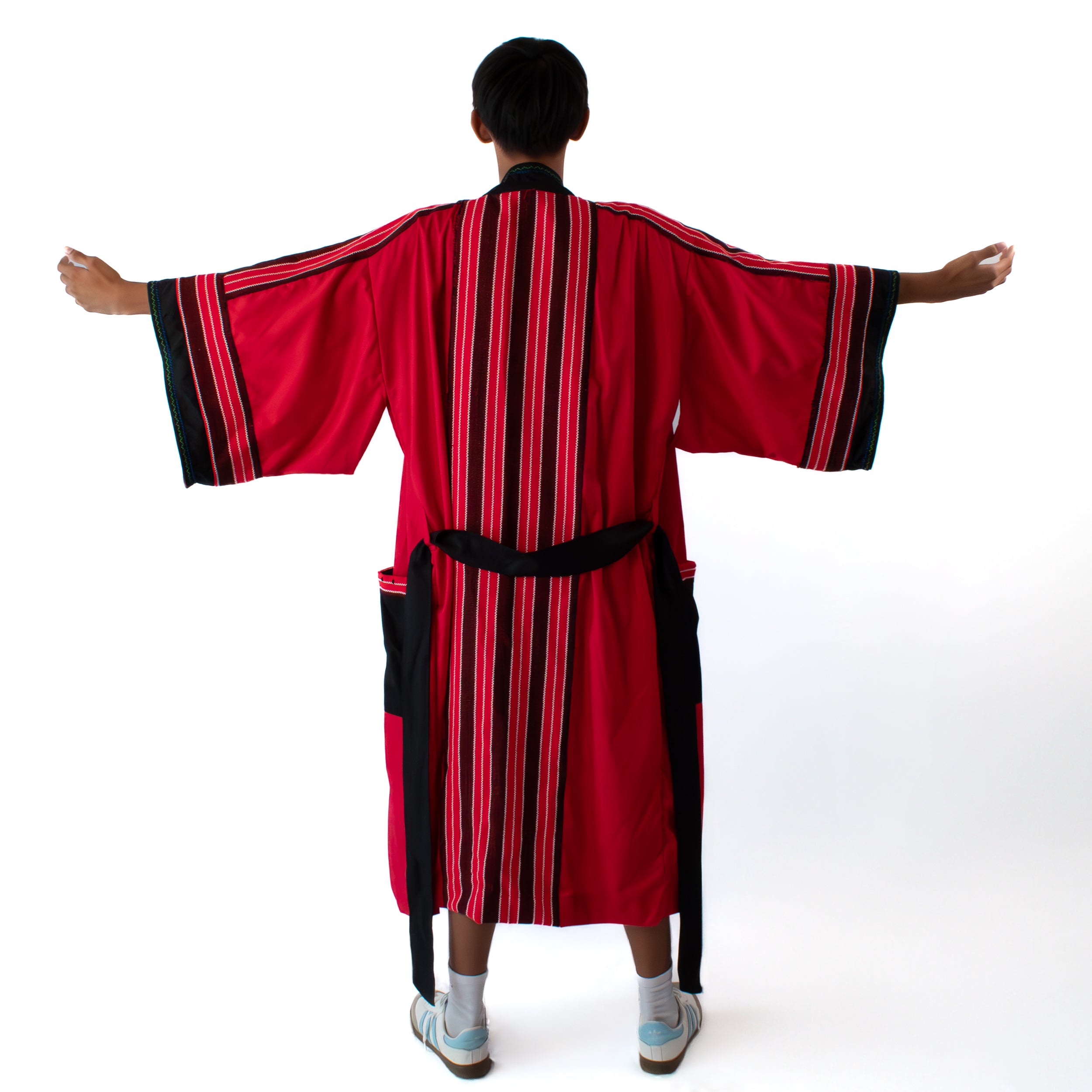 ✦ Kalinga Spirits - Red & Black Kimono featuring Authentic Hand-Woven Fabric, Beads and Hand-Embroidery