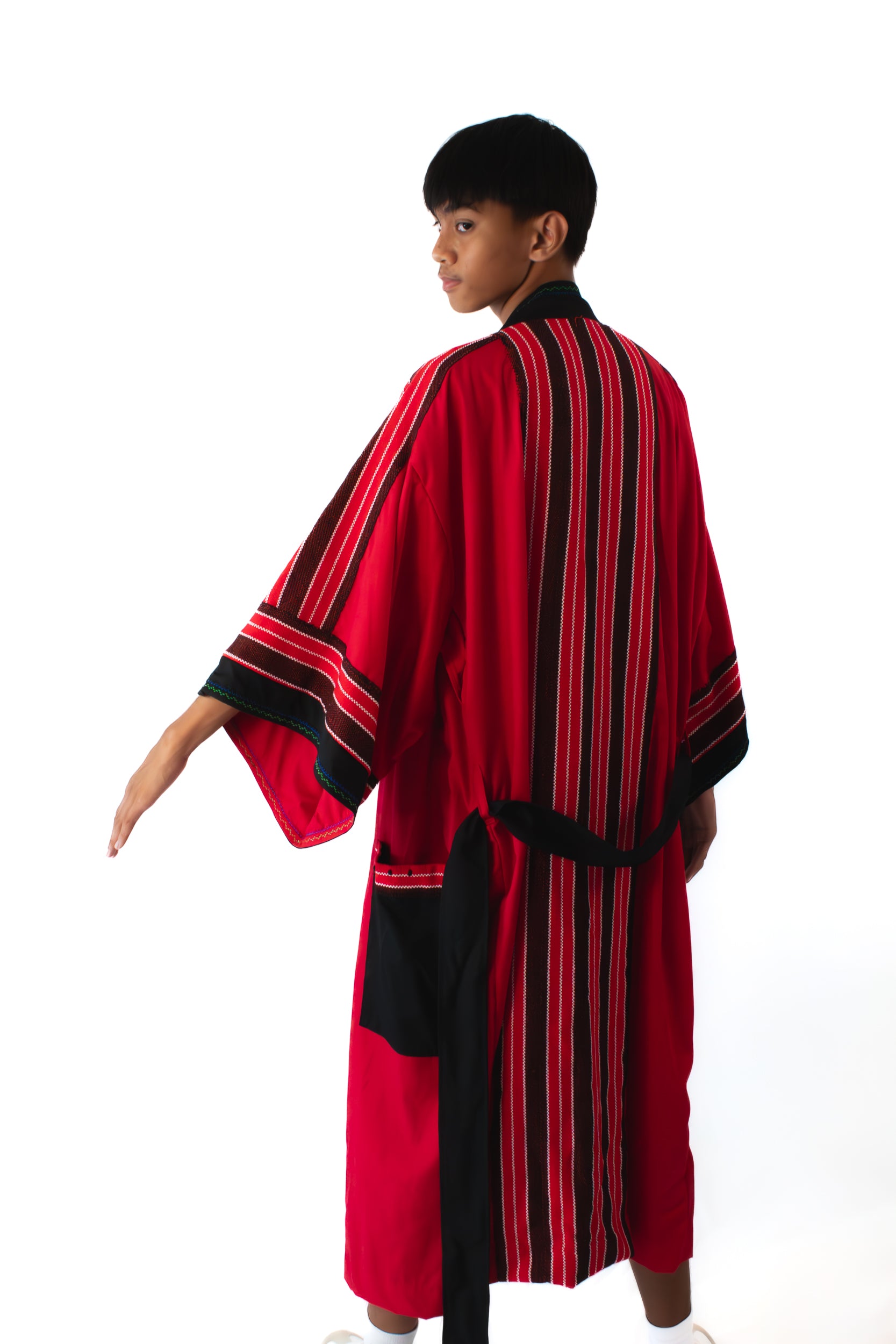 ✦ Kalinga Spirits - Red & Black Kimono featuring Authentic Hand-Woven Fabric, Beads and Hand-Embroidery