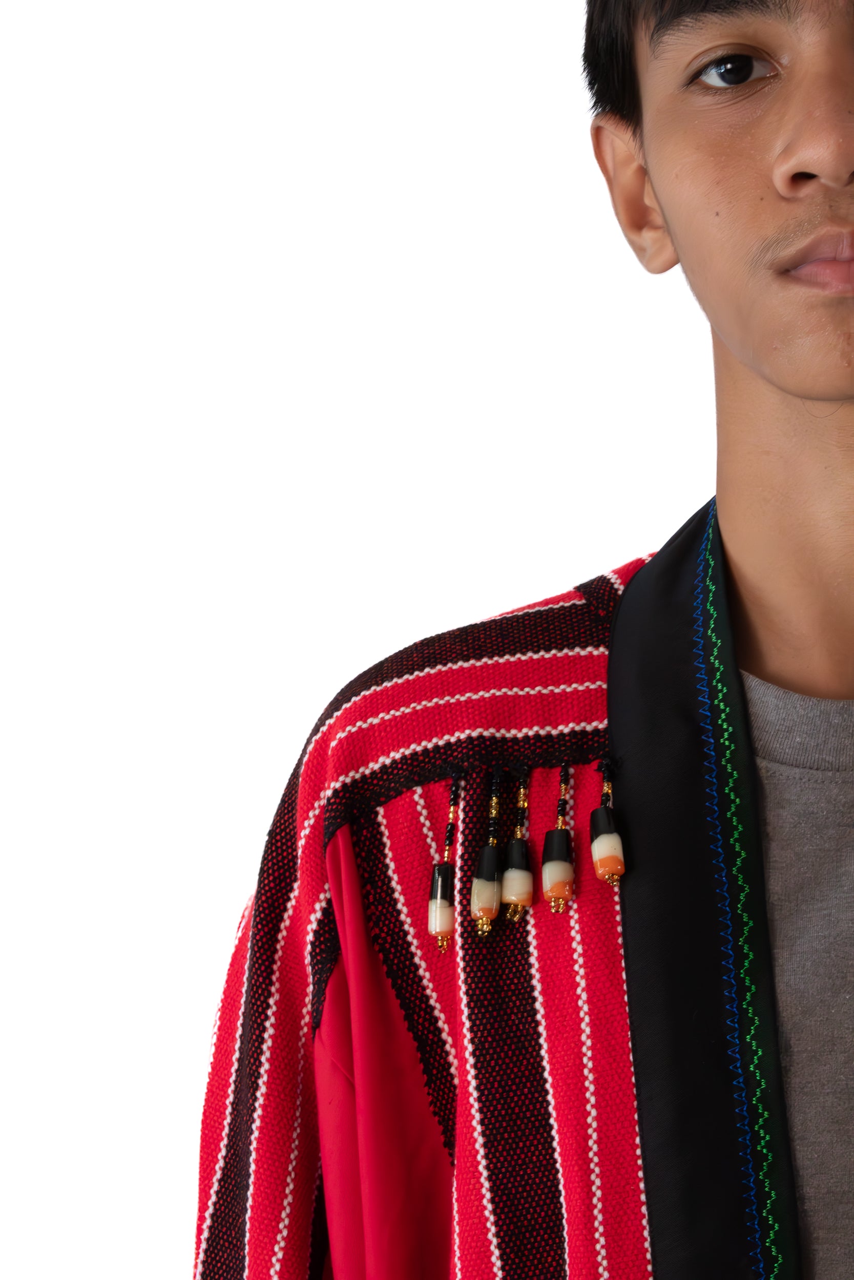 ✦ Kalinga Spirits - Red & Black Kimono featuring Authentic Hand-Woven Fabric, Beads and Hand-Embroidery