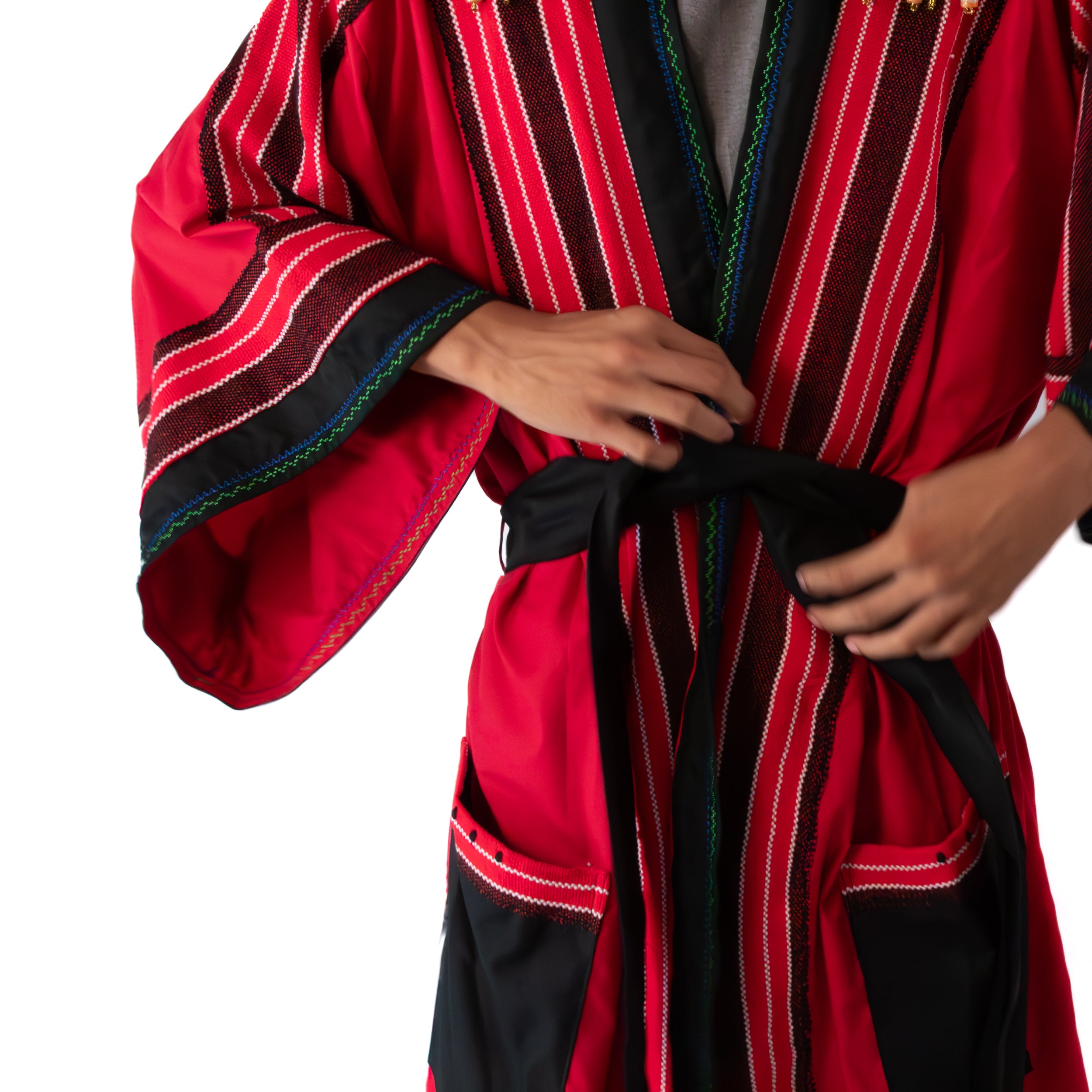 ✦ Kalinga Spirits - Red & Black Kimono featuring Authentic Hand-Woven Fabric, Beads and Hand-Embroidery