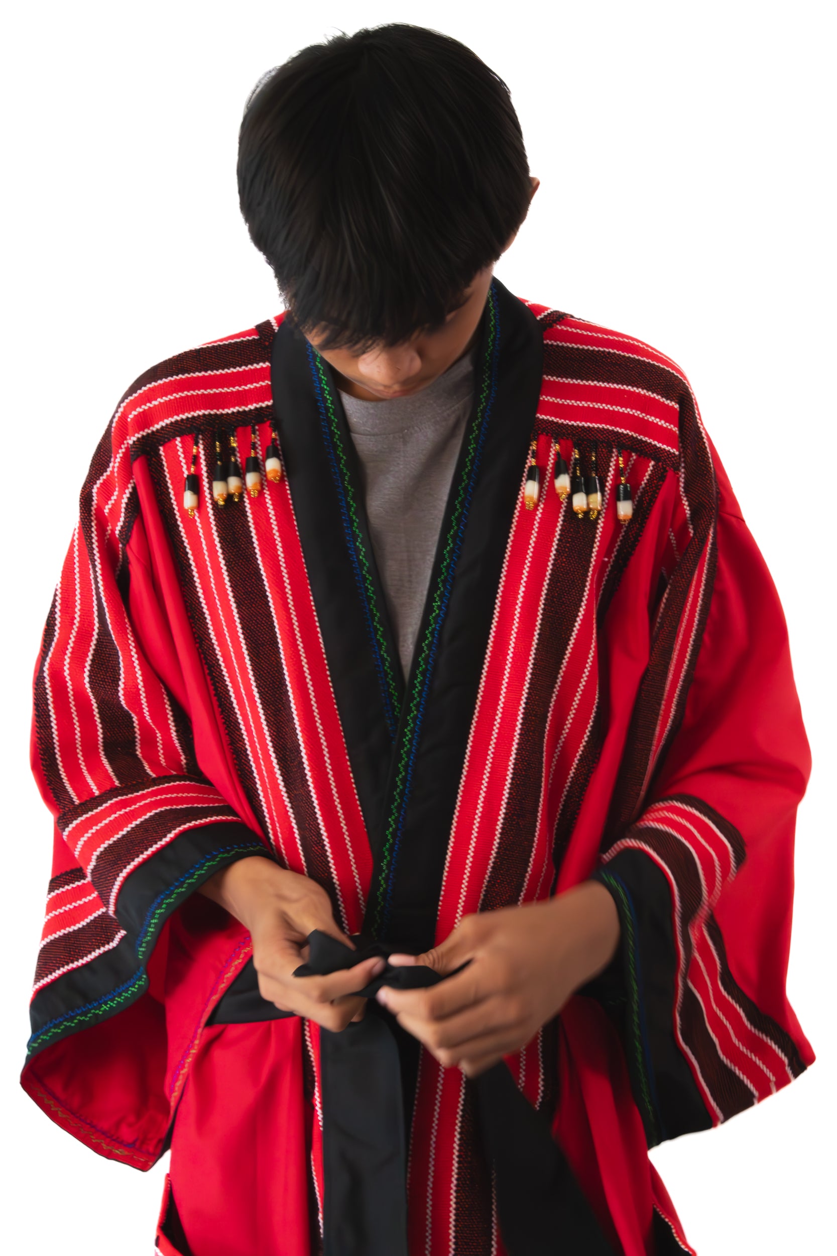 ✦ Kalinga Spirits - Red & Black Kimono featuring Authentic Hand-Woven Fabric, Beads and Hand-Embroidery