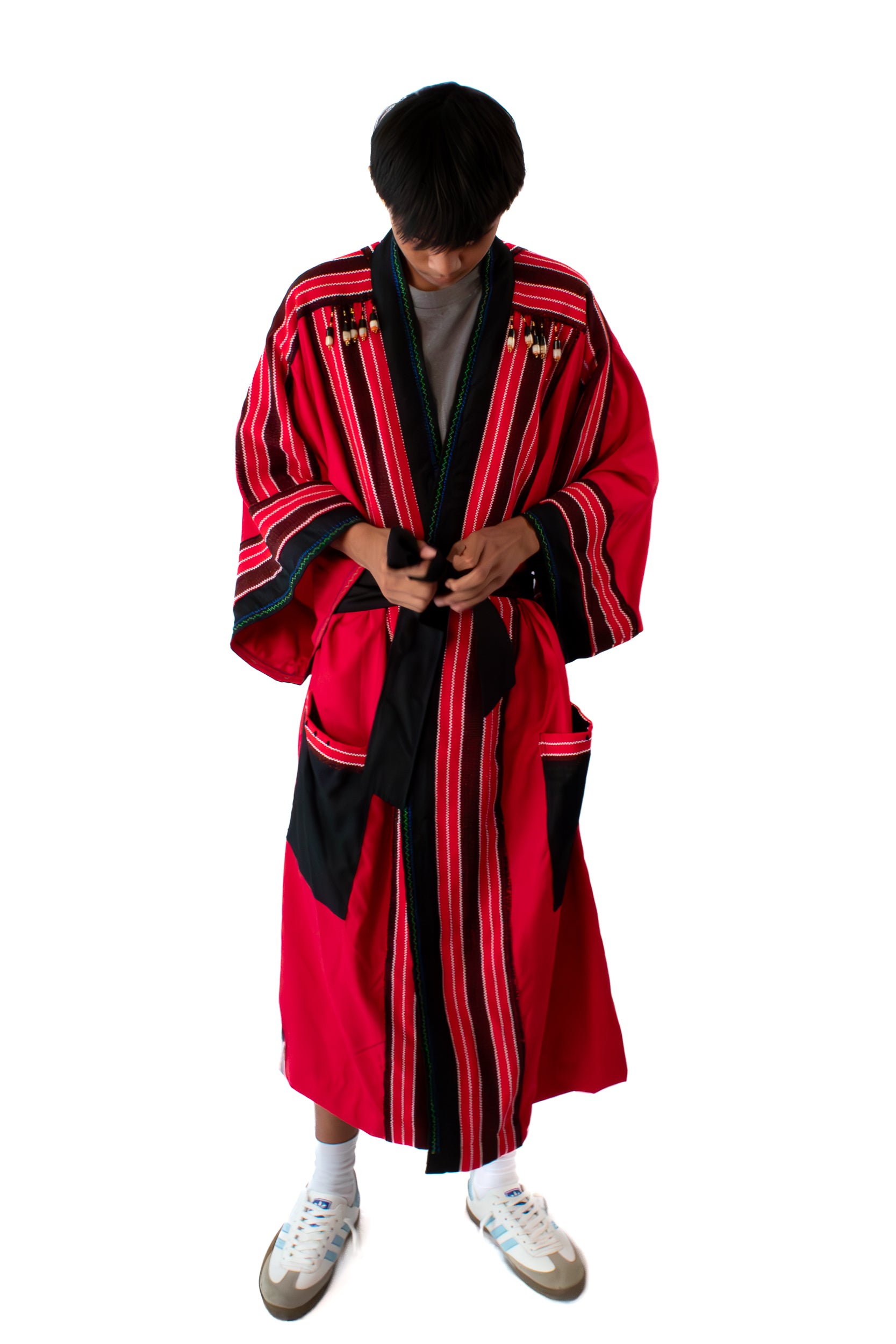✦ Kalinga Spirits - Red & Black Kimono featuring Authentic Hand-Woven Fabric, Beads and Hand-Embroidery