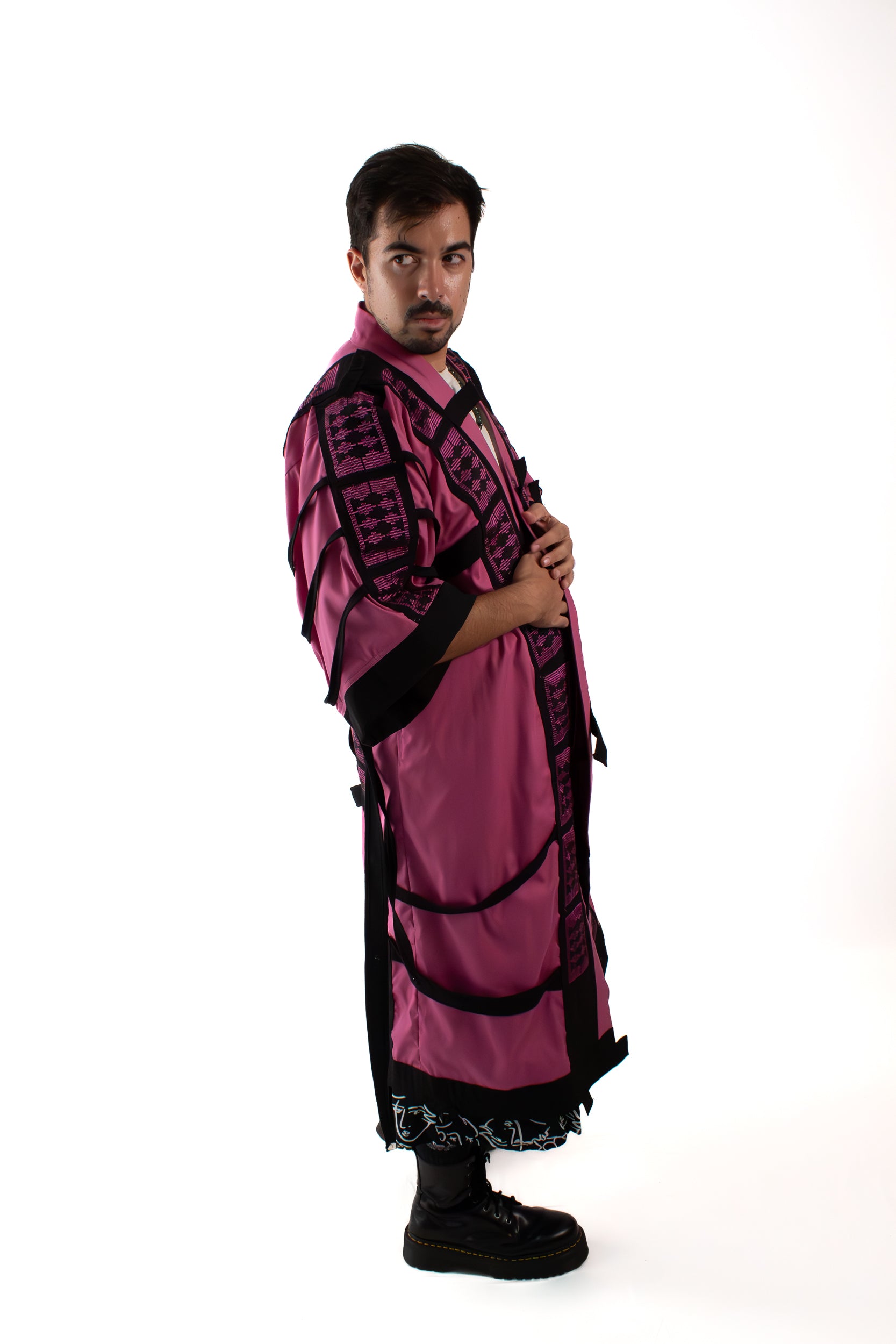 ✦ The Gatekeeper No. 1 - Fierce Handwoven-Silk Kimono in Dusky Pink and Black