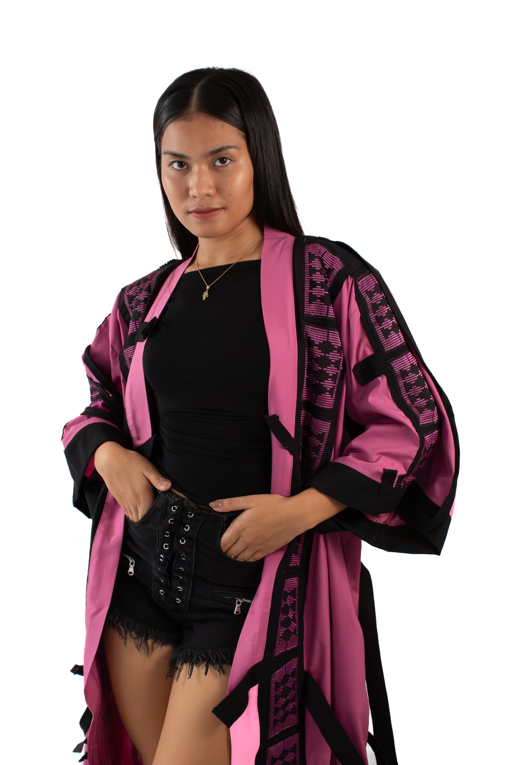 ✦ The Gatekeeper No. 1 - Fierce Handwoven-Silk Kimono in Dusky Pink and Black