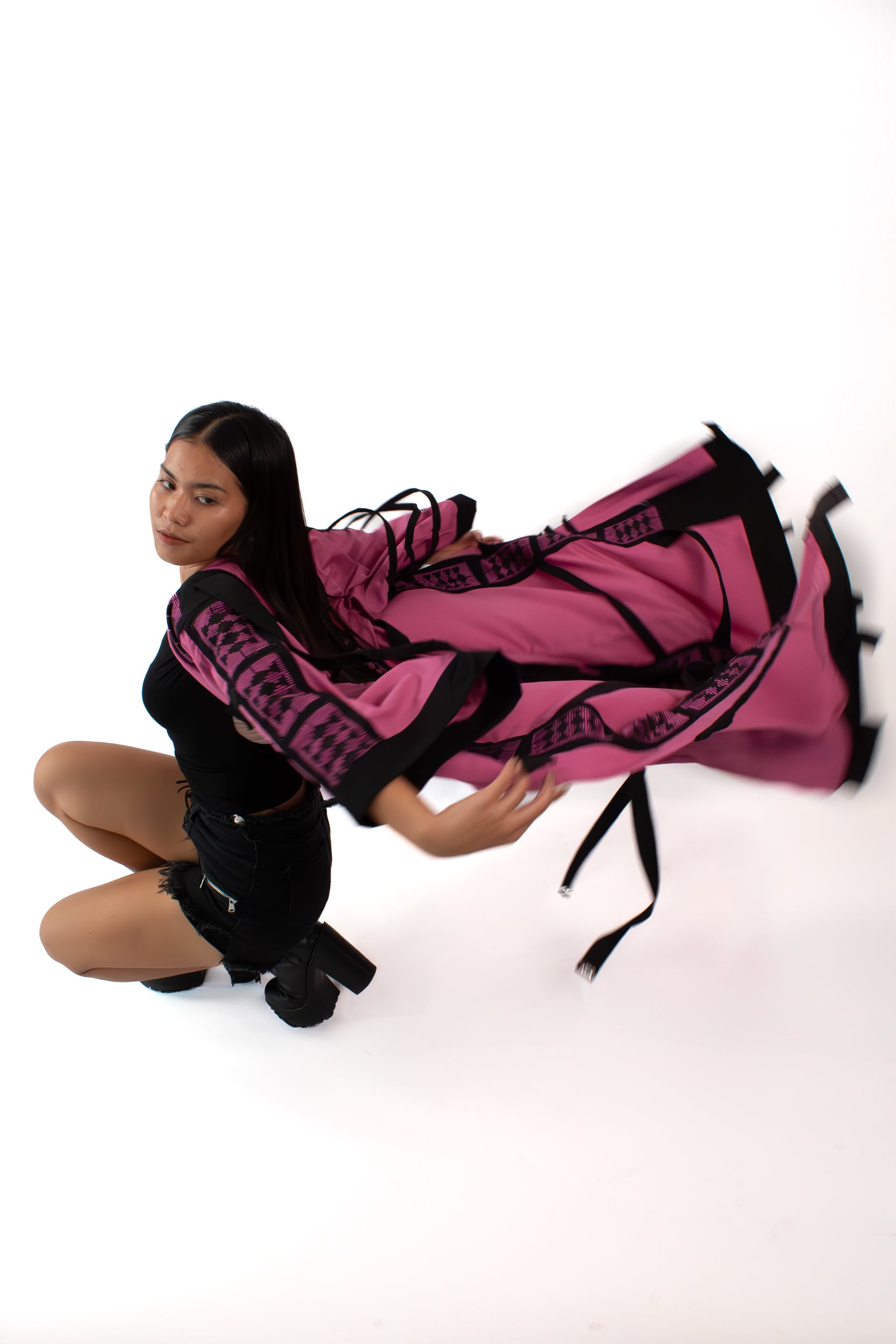 ✦ The Gatekeeper No. 1 - Fierce Handwoven-Silk Kimono in Dusky Pink and Black