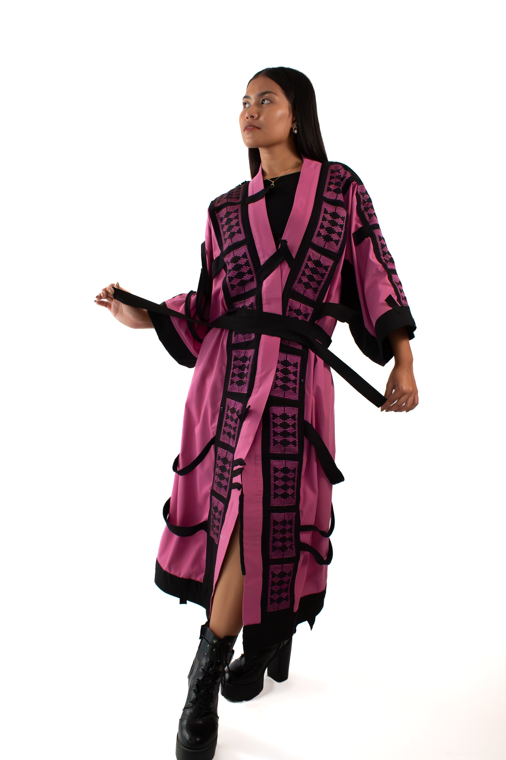 ✦ The Gatekeeper No. 1 - Fierce Handwoven-Silk Kimono in Dusky Pink and Black