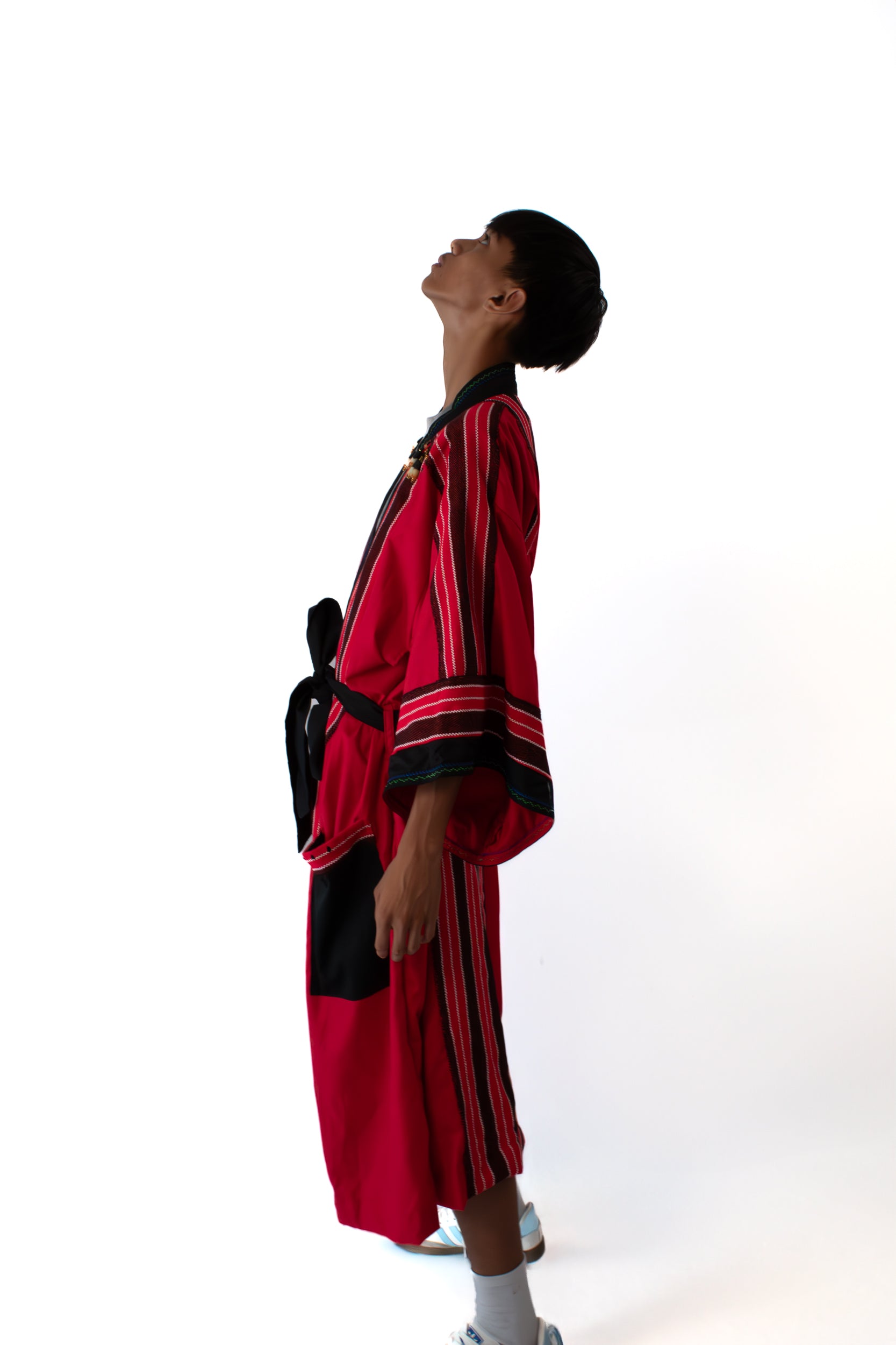 ✦ Kalinga Spirits - Red & Black Kimono featuring Authentic Hand-Woven Fabric, Beads and Hand-Embroidery