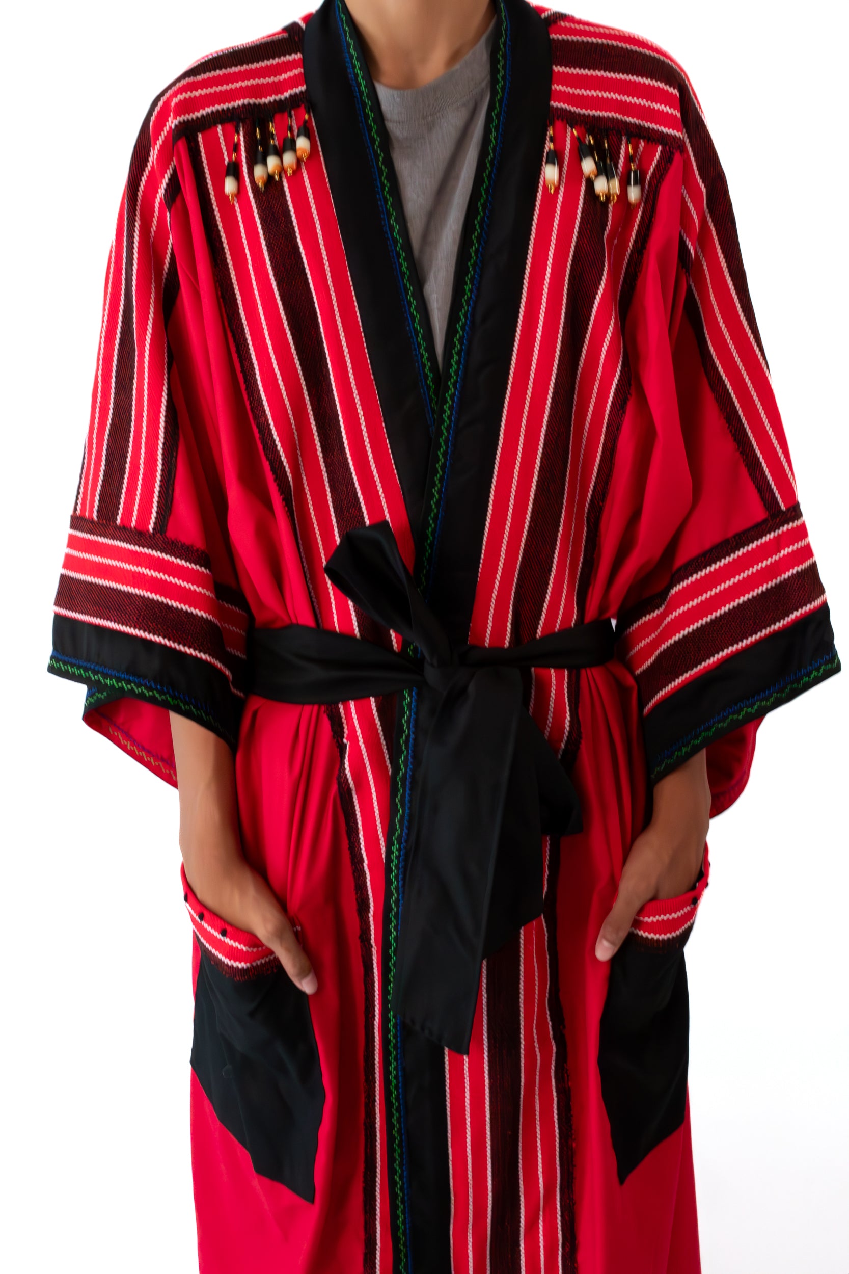 ✦ Kalinga Spirits - Red & Black Kimono featuring Authentic Hand-Woven Fabric, Beads and Hand-Embroidery