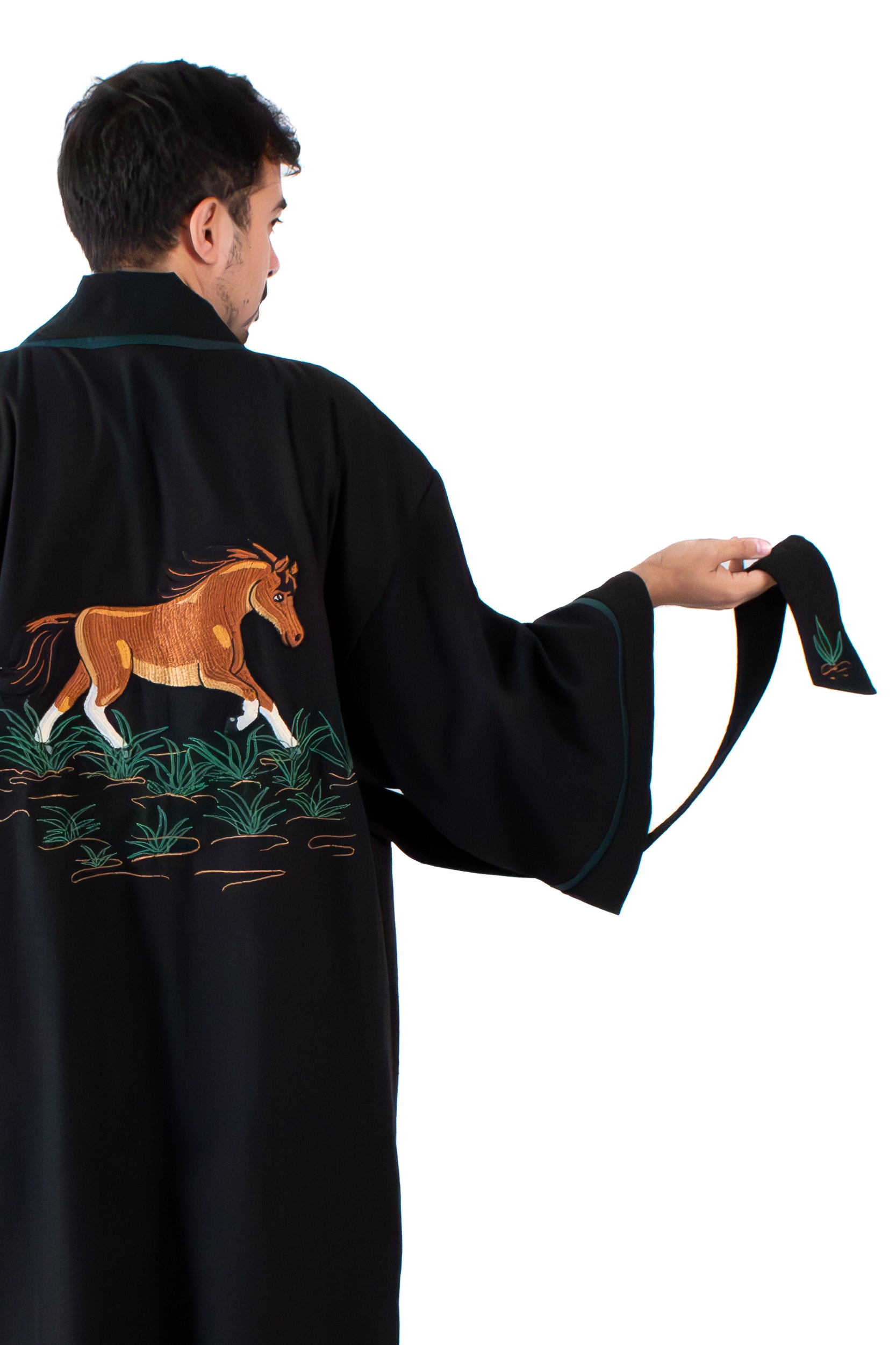 ✦ Pathfinders’ Bond - Black Cotton Kimono with intricate Horse Embroidery and Details