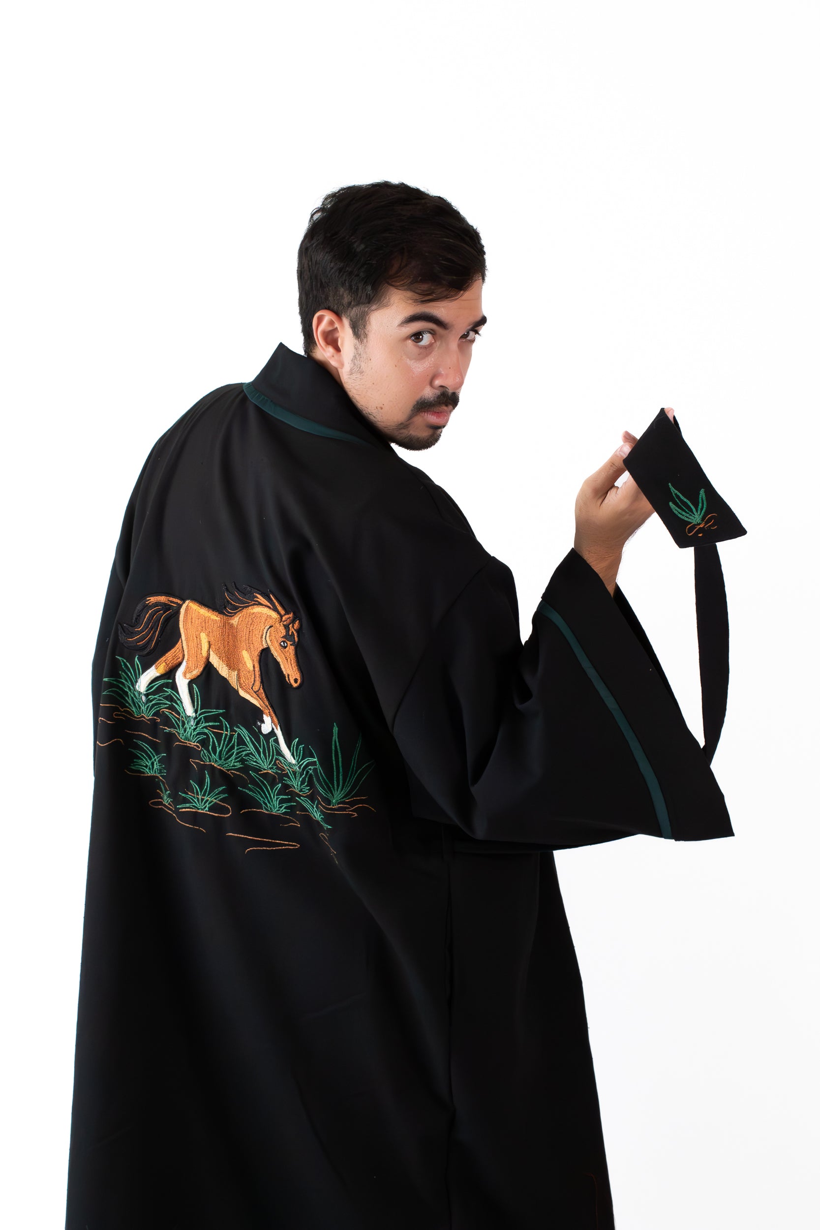 ✦ Pathfinders’ Bond - Black Cotton Kimono with intricate Horse Embroidery and Details