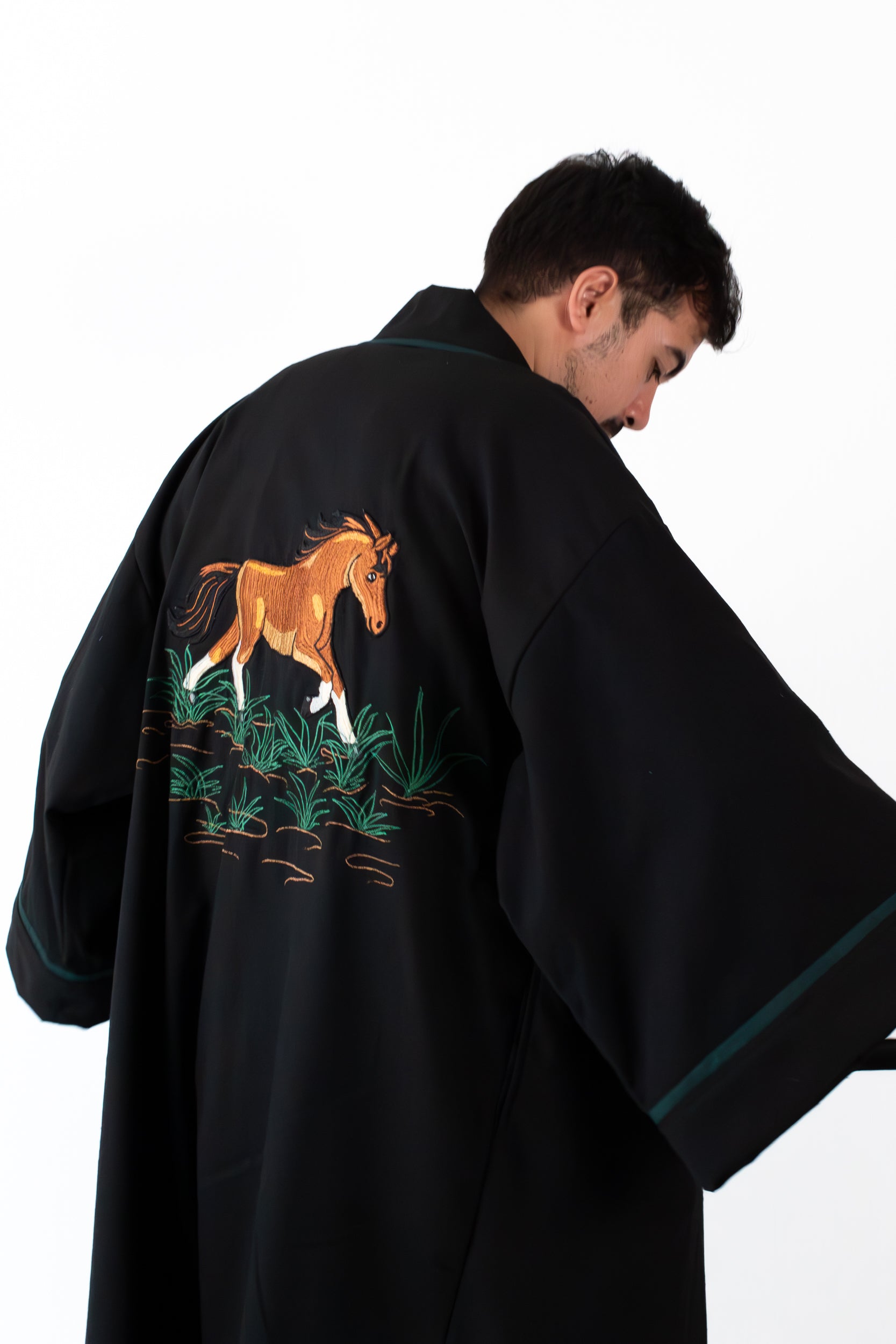 ✦ Pathfinders’ Bond - Black Cotton Kimono with intricate Horse Embroidery and Details