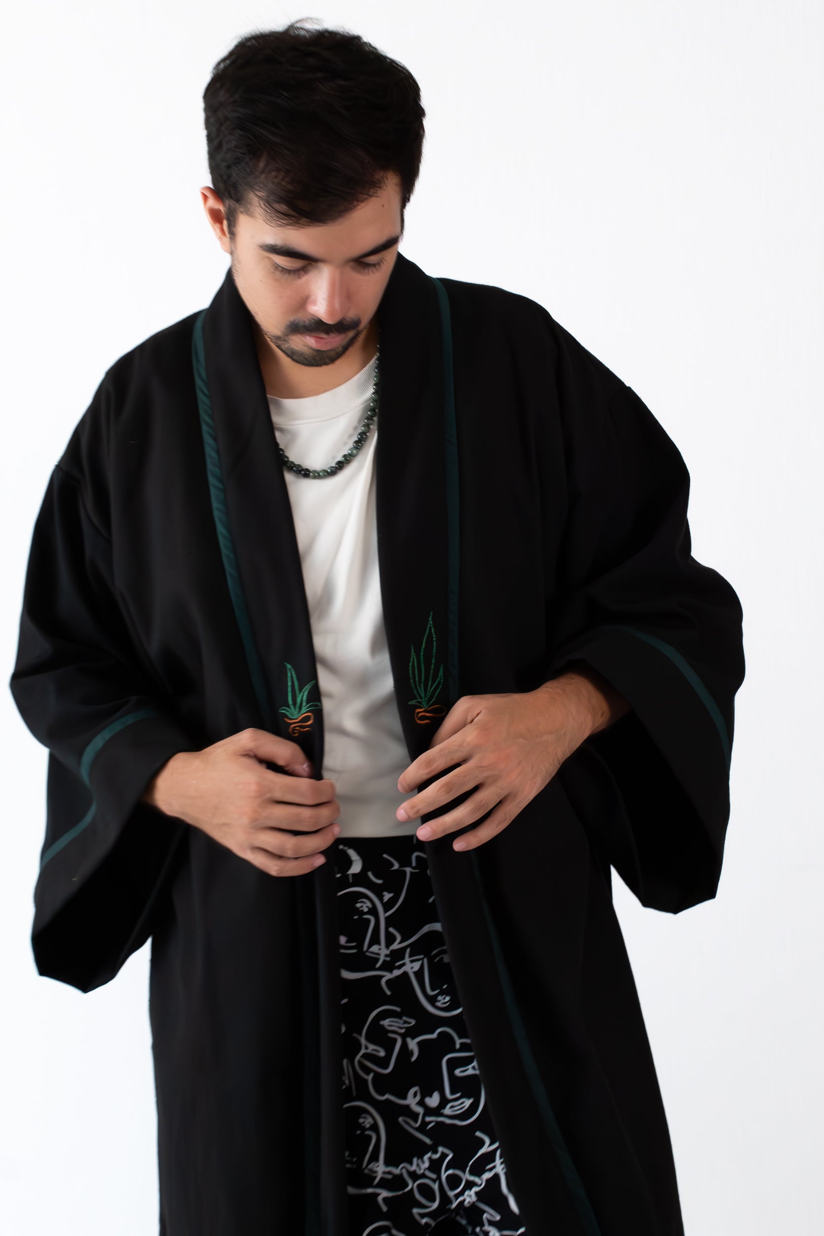 ✦ Pathfinders’ Bond - Black Cotton Kimono with intricate Horse Embroidery and Details
