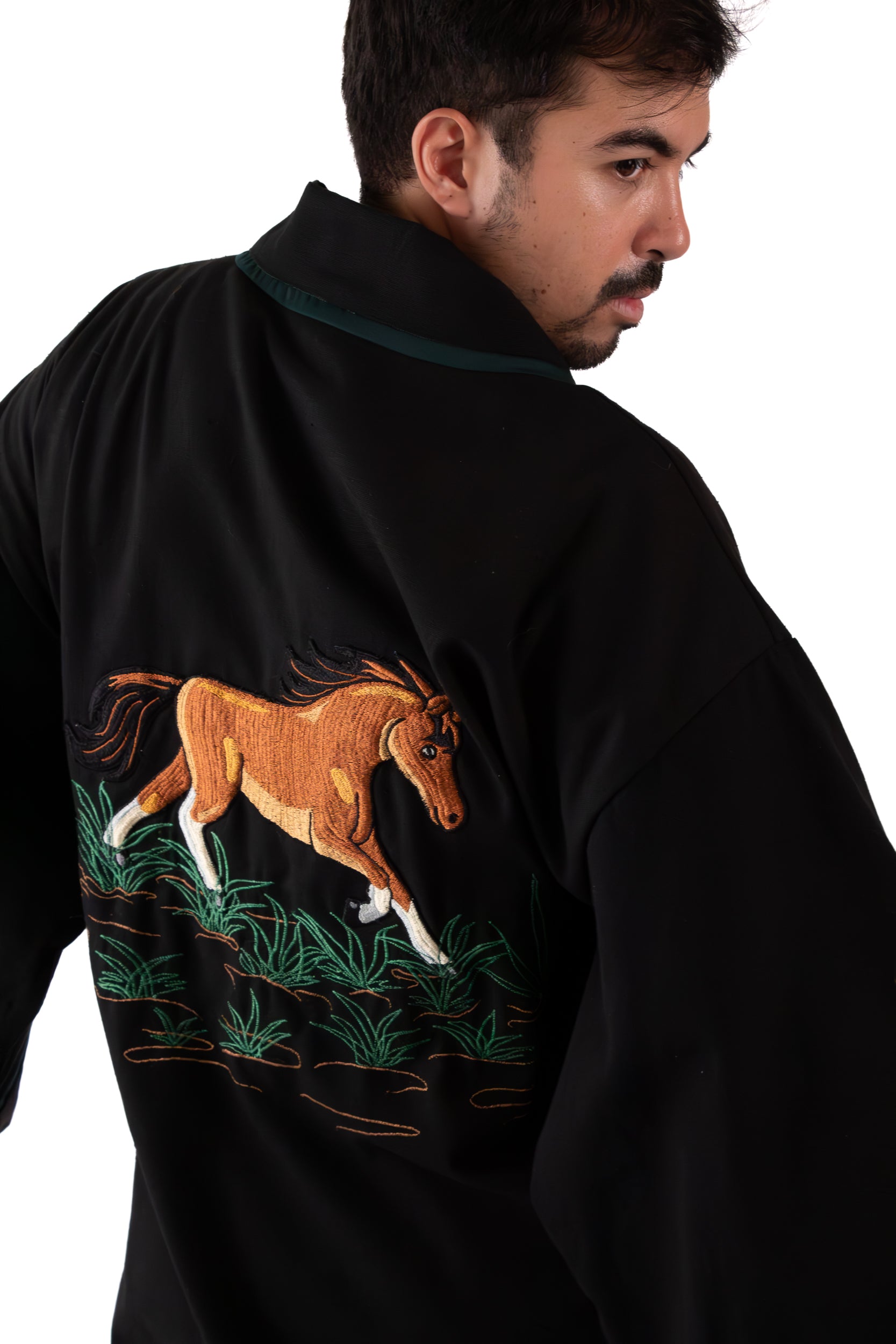 ✦ Pathfinders’ Bond - Black Cotton Kimono with intricate Horse Embroidery and Details