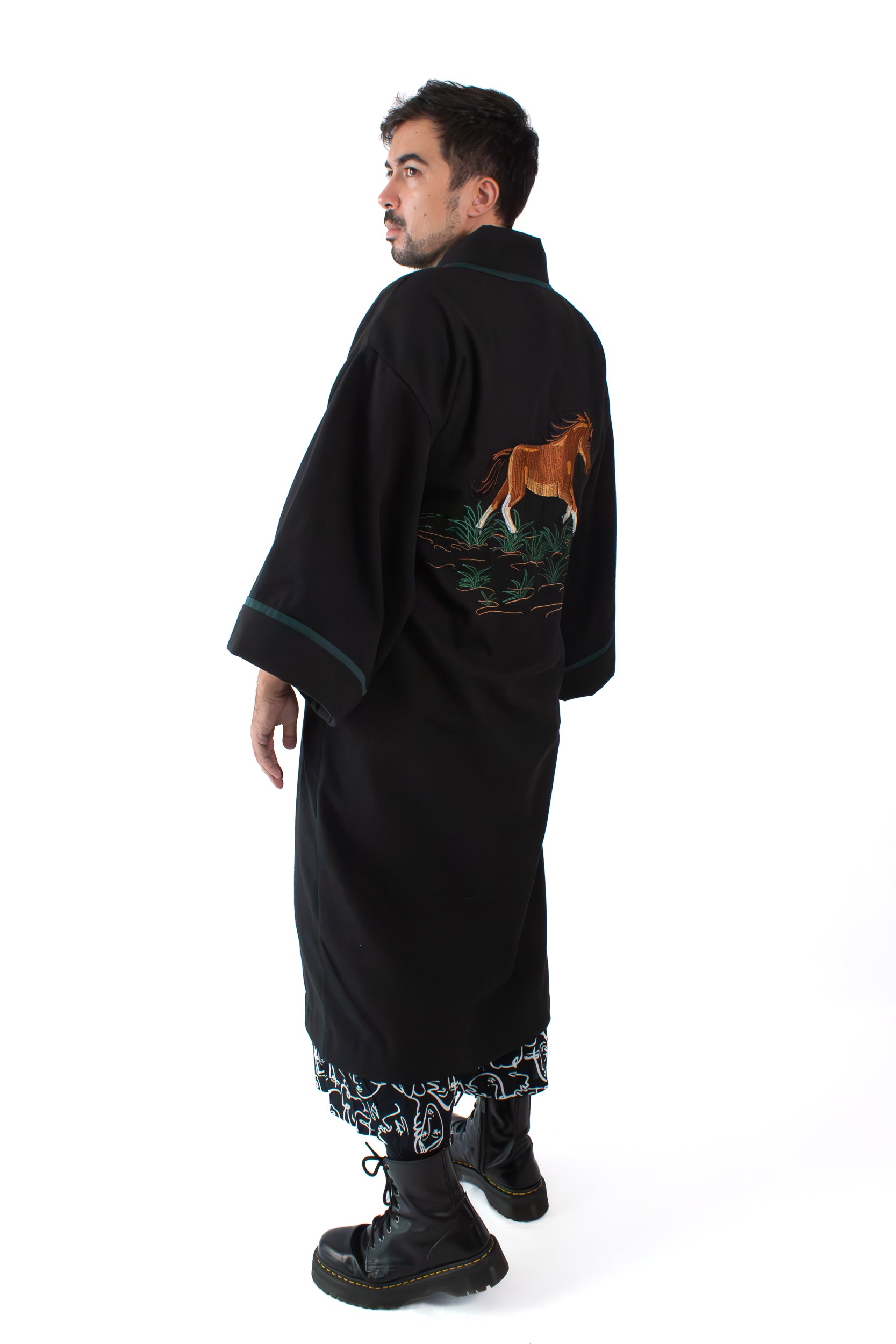 ✦ Pathfinders’ Bond - Black Cotton Kimono with intricate Horse Embroidery and Details