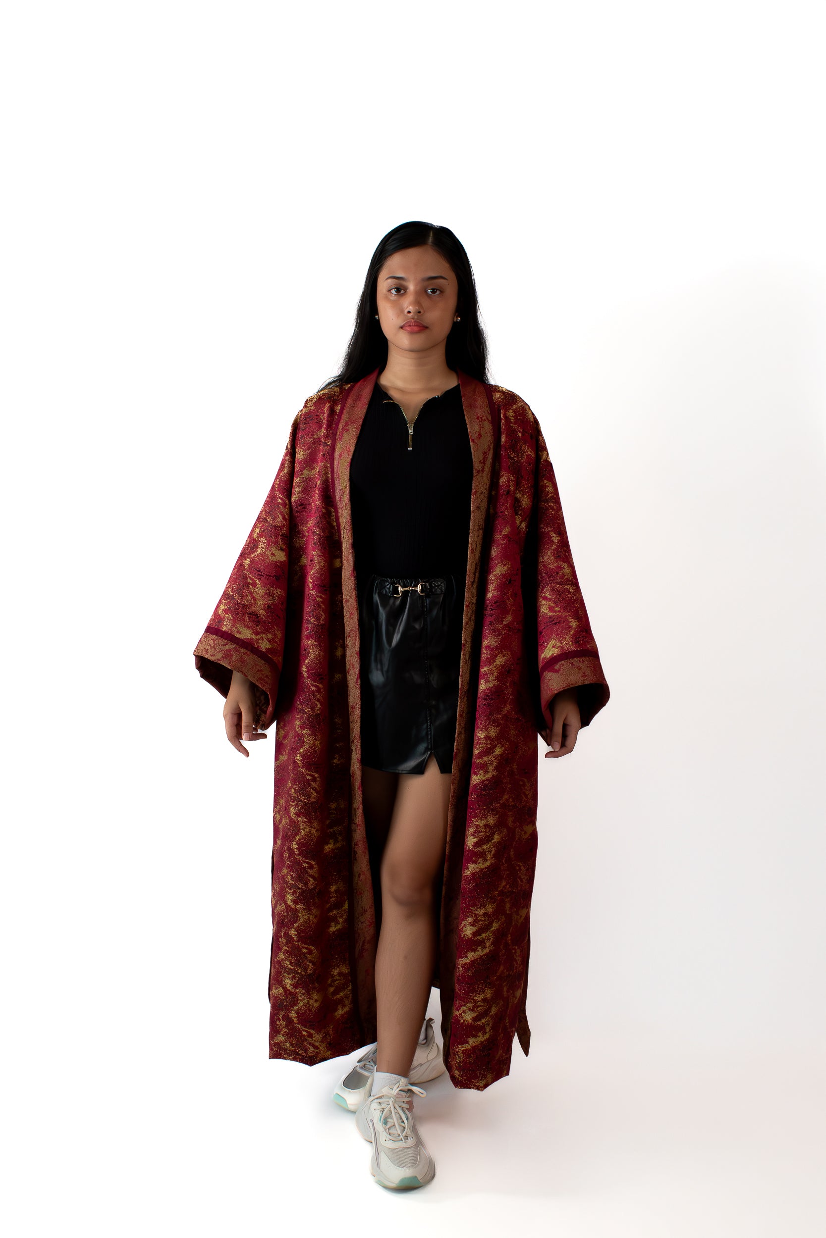 ✦ The Merchant’s Smile - Gold and Maroon Sparkling Wide Kimono Featuring Real Braided Hair and Intricate Embroidery