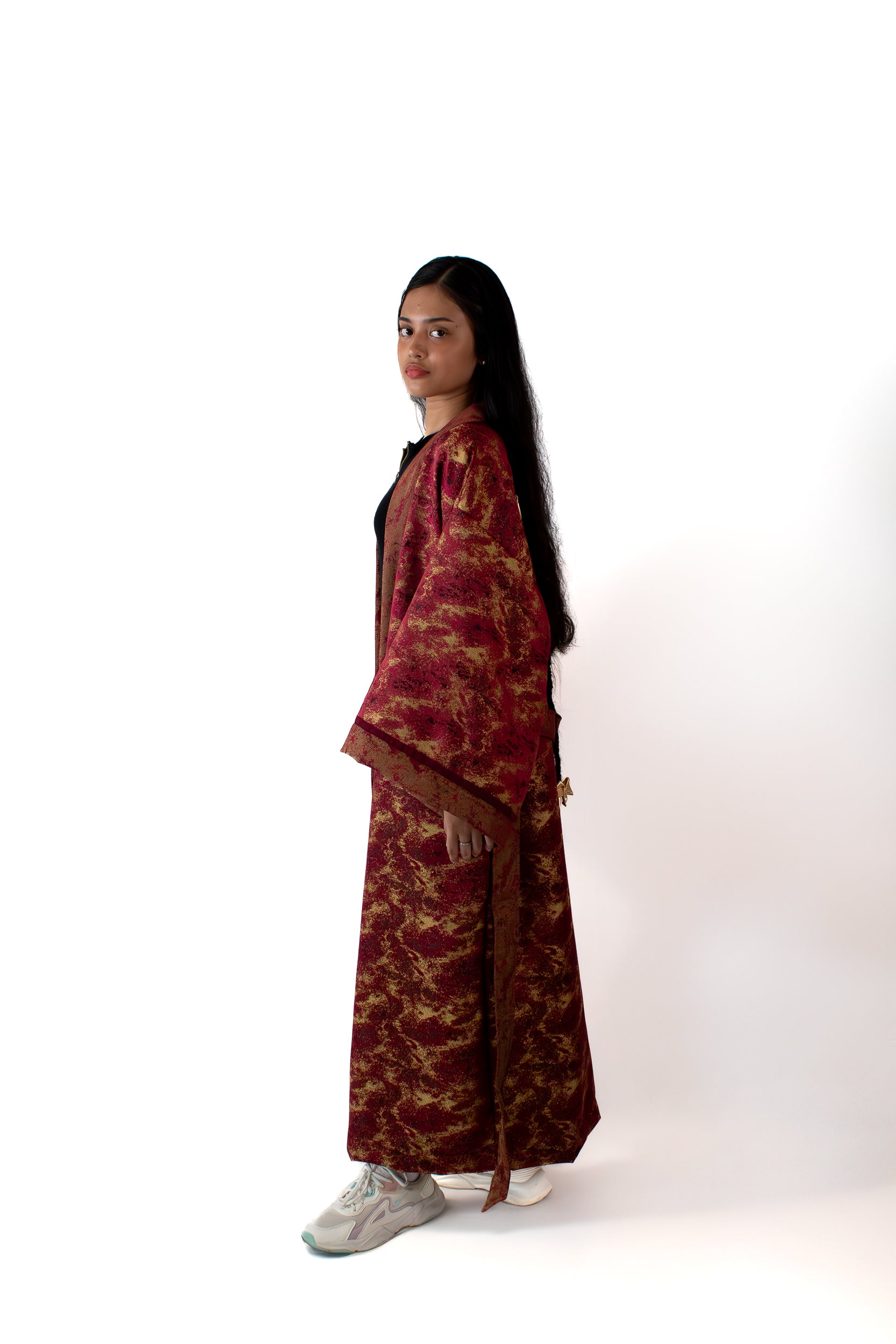 ✦ The Merchant’s Smile - Gold and Maroon Sparkling Wide Kimono Featuring Real Braided Hair and Intricate Embroidery