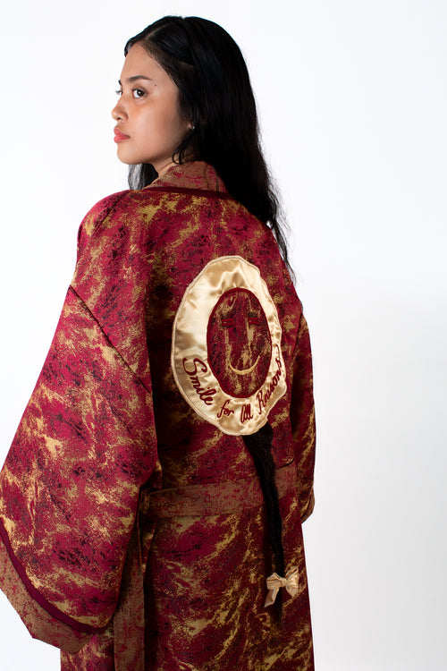 ✦ The Merchant’s Smile - Gold and Maroon Sparkling Wide Kimono Featuring Real Braided Hair and Intricate Embroidery