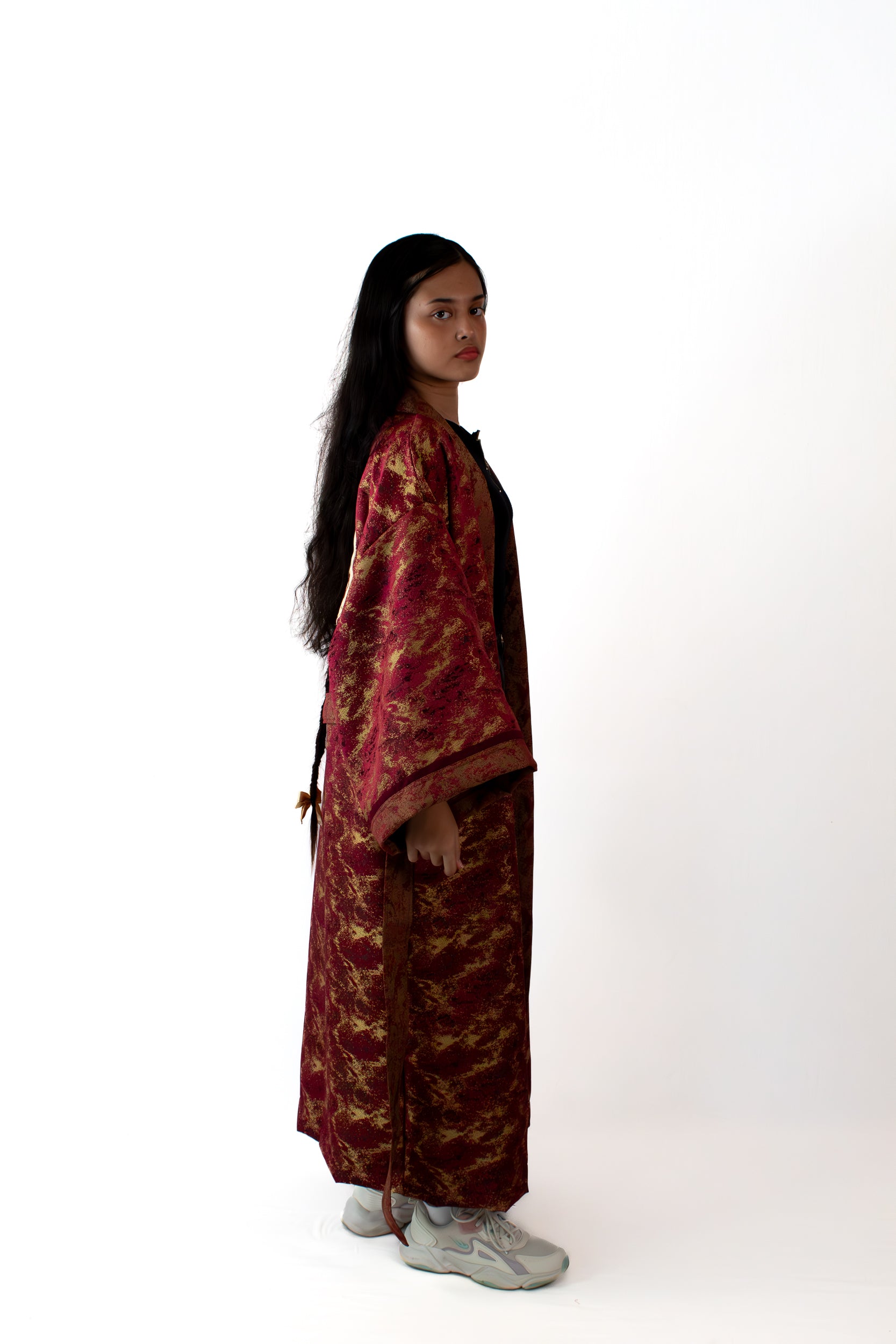 ✦ The Merchant’s Smile - Gold and Maroon Sparkling Wide Kimono Featuring Real Braided Hair and Intricate Embroidery