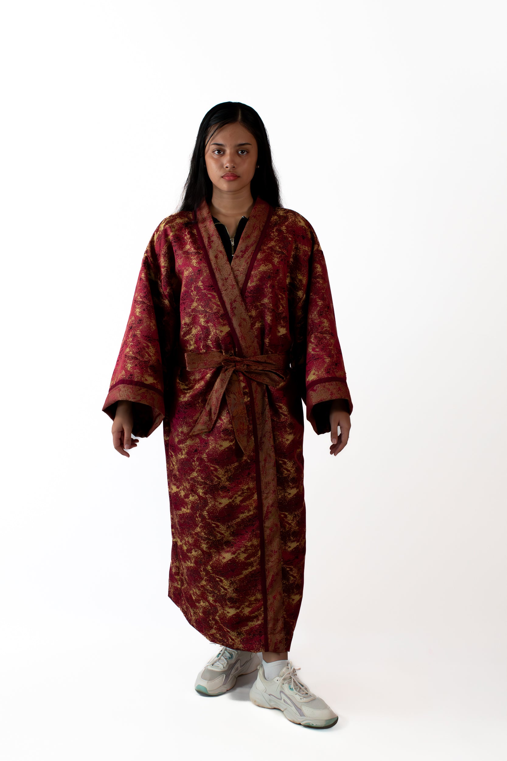✦ The Merchant’s Smile - Gold and Maroon Sparkling Wide Kimono Featuring Real Braided Hair and Intricate Embroidery