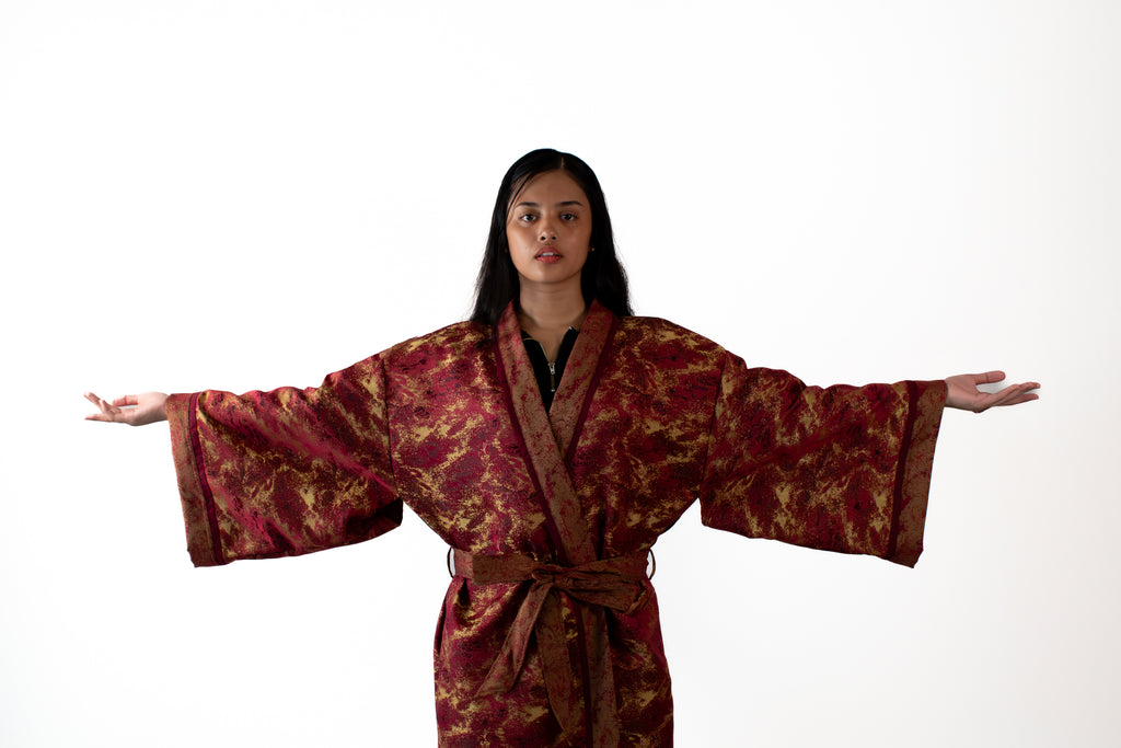 ✦ The Merchant’s Smile - Gold and Maroon Sparkling Wide Kimono Featuring Real Braided Hair and Intricate Embroidery