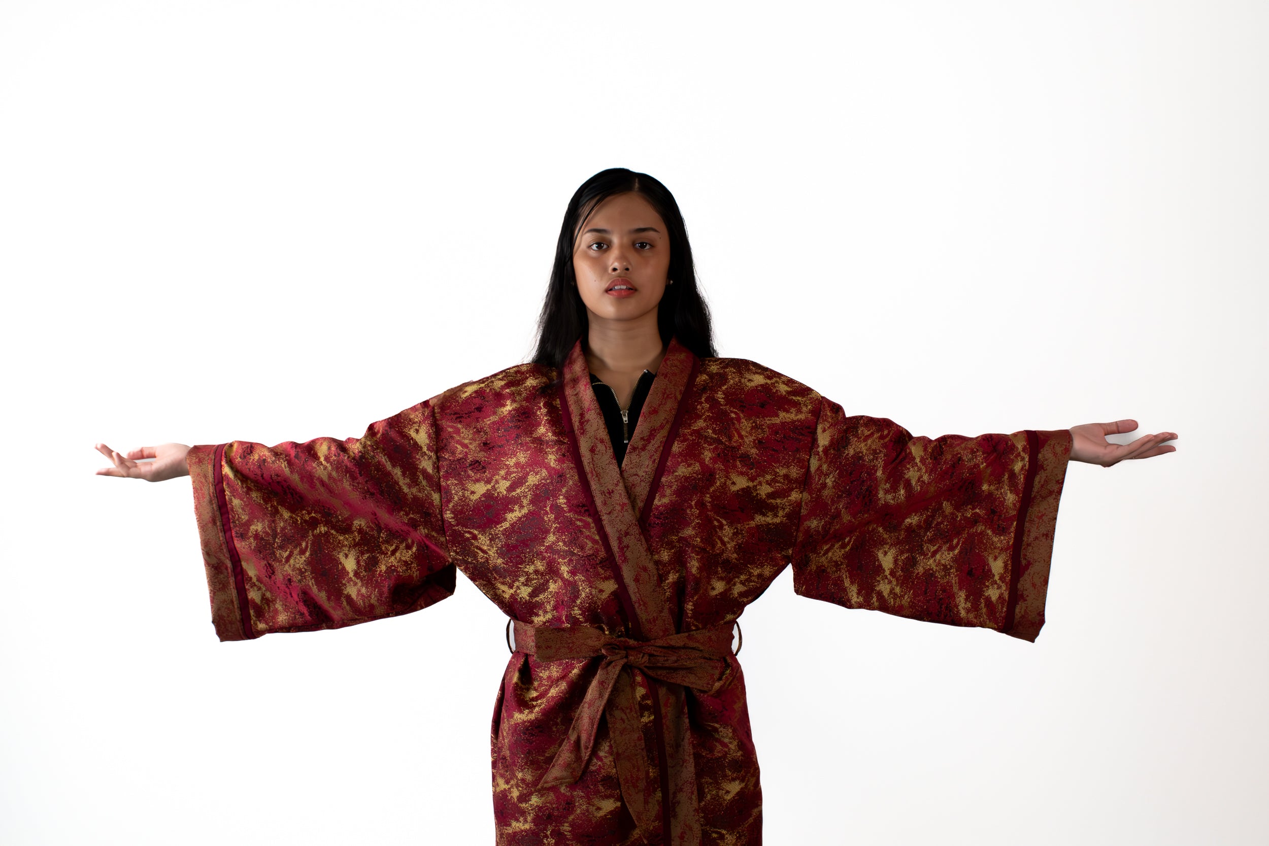 ✦ The Merchant’s Smile - Gold and Maroon Sparkling Wide Kimono Featuring Real Braided Hair and Intricate Embroidery